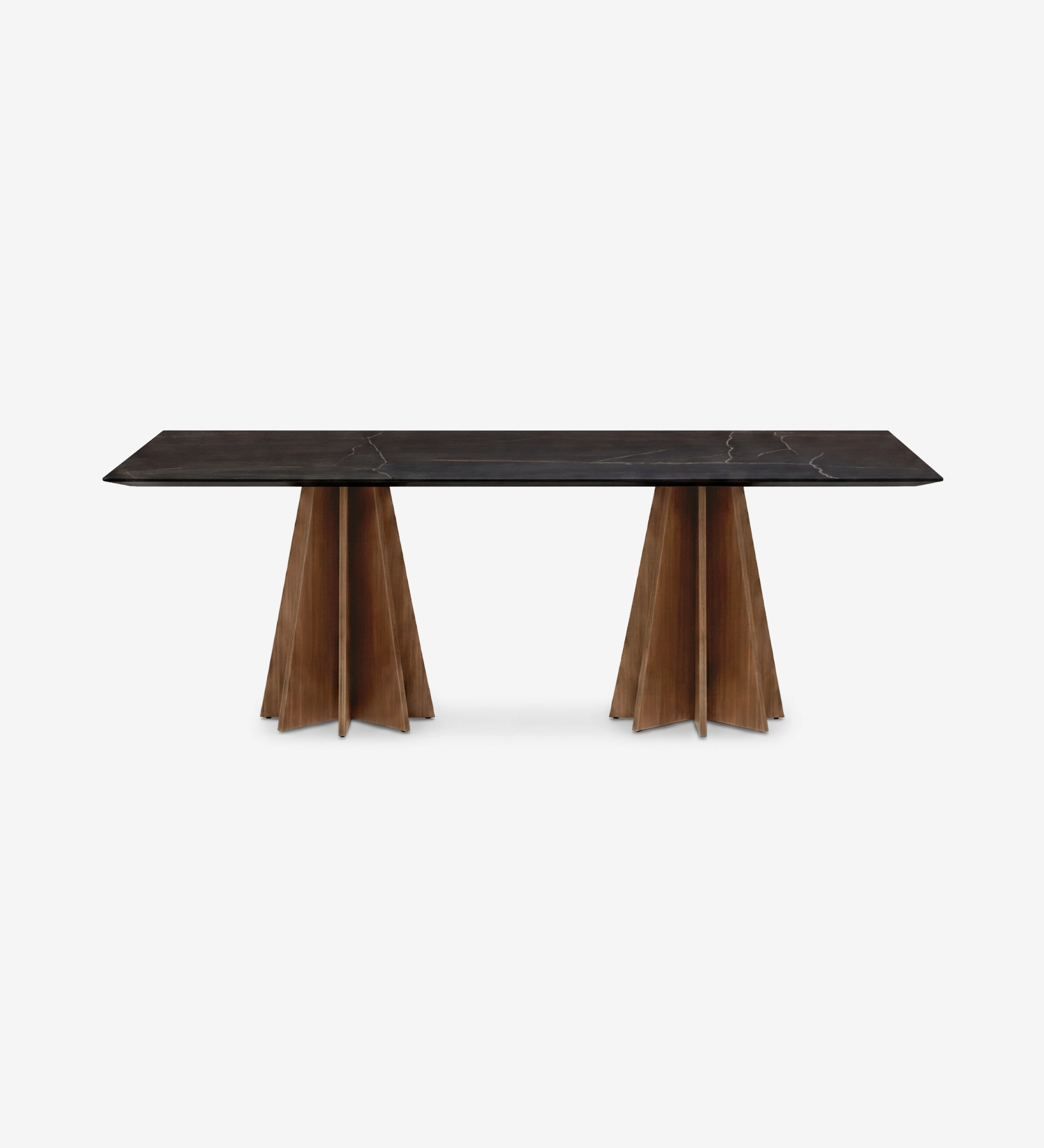 Lagos Dining Table with dark stone top and two sculptural wooden pedestal bases