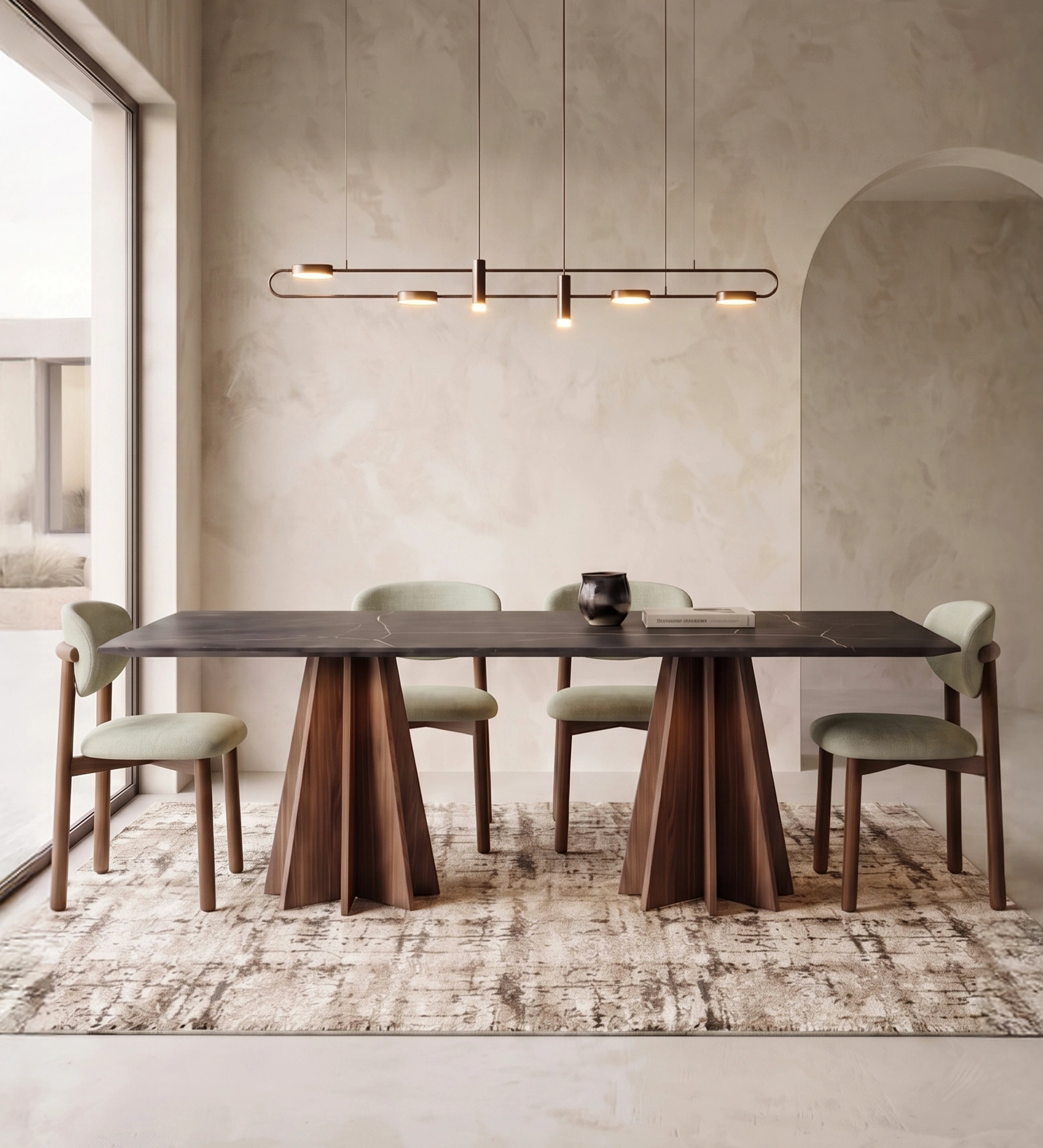 Lagos Dining Table with dark stone top and twin wooden pedestal bases, four green chairs