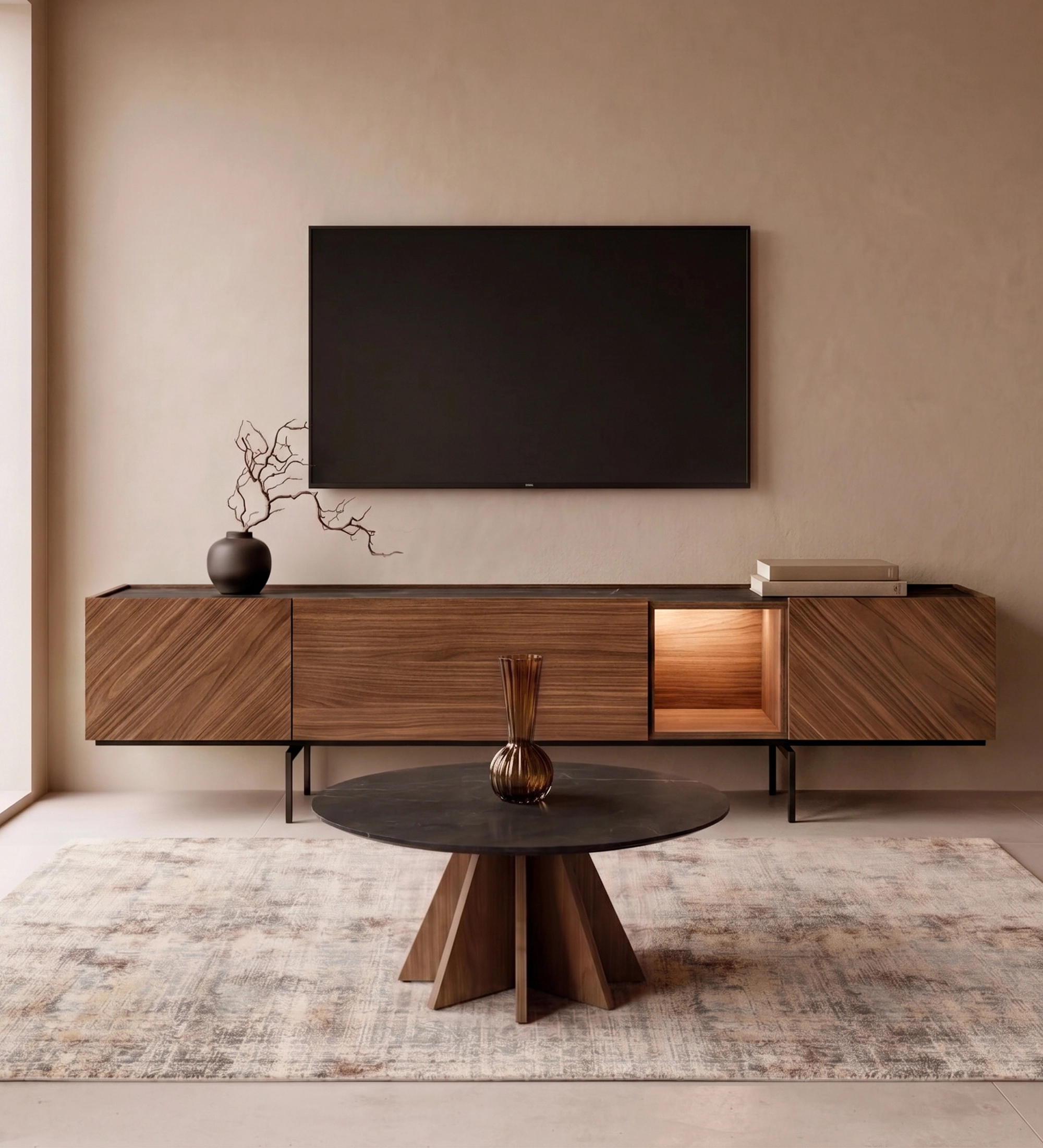 Lagos TV Stand walnut console with illuminated open cubby, black metal legs