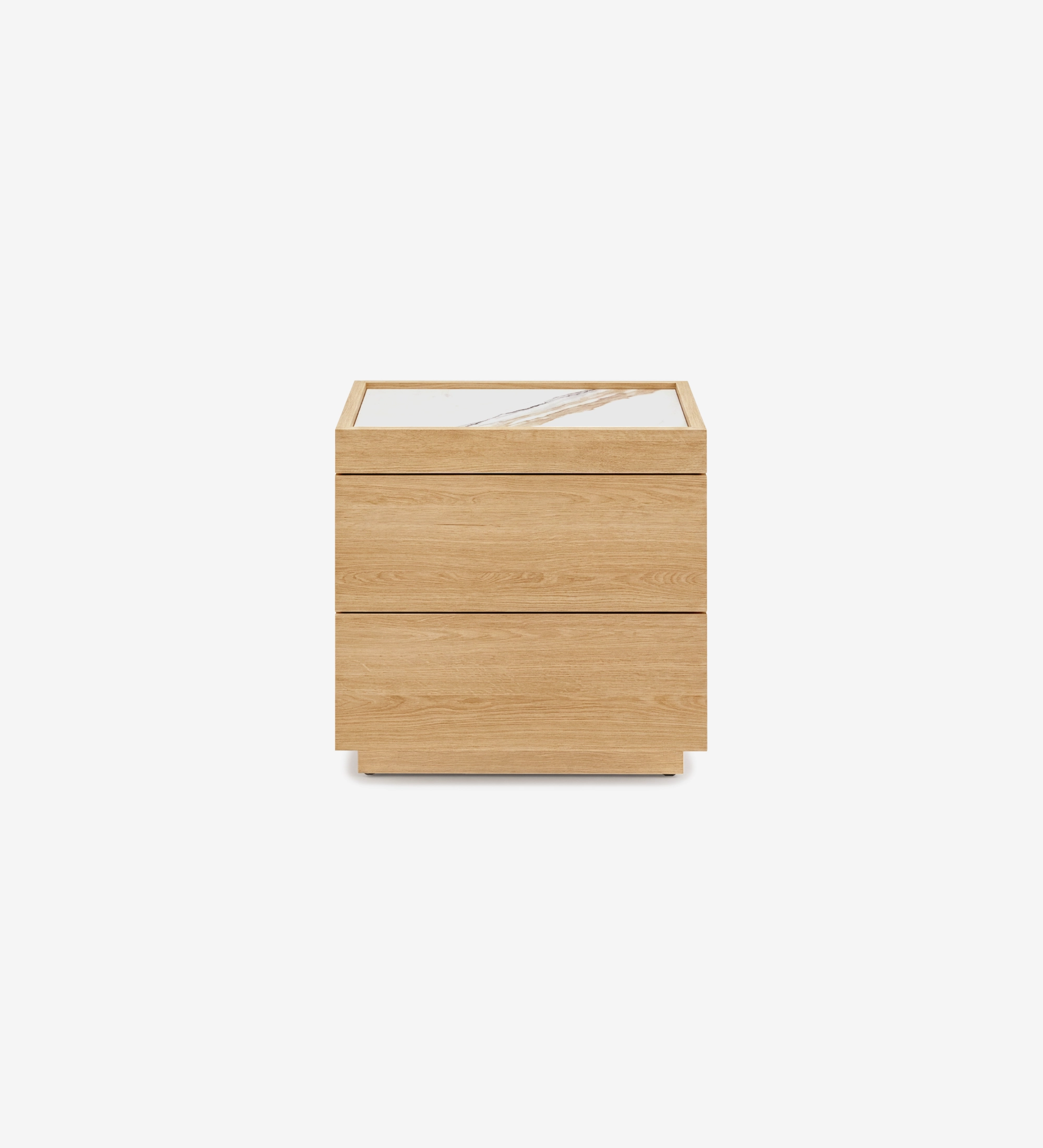 Lagos Bedside Table in light oak with three drawers and white veined marble top