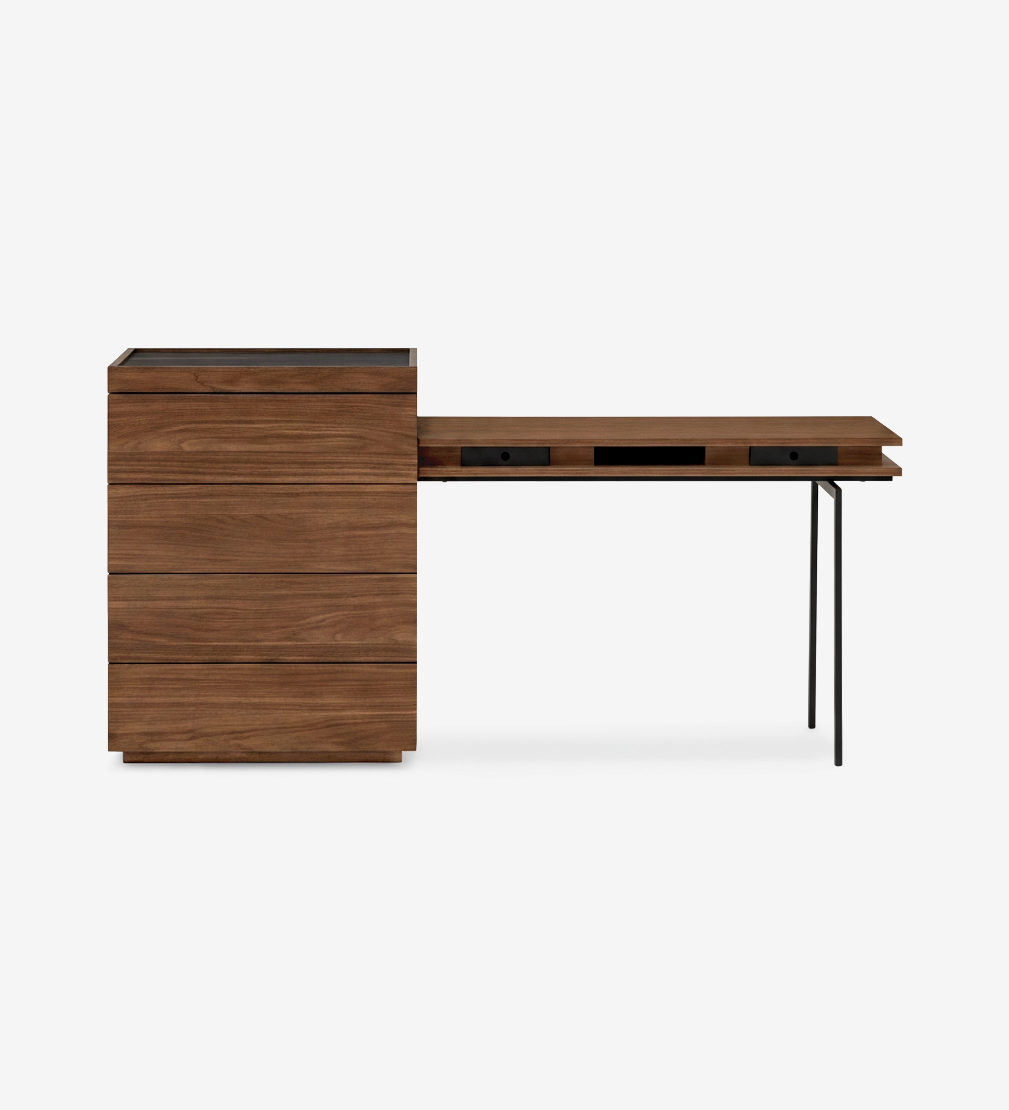 Chiffonnier en noyer avec coiffeuse escamotable et pieds métalliques noirs