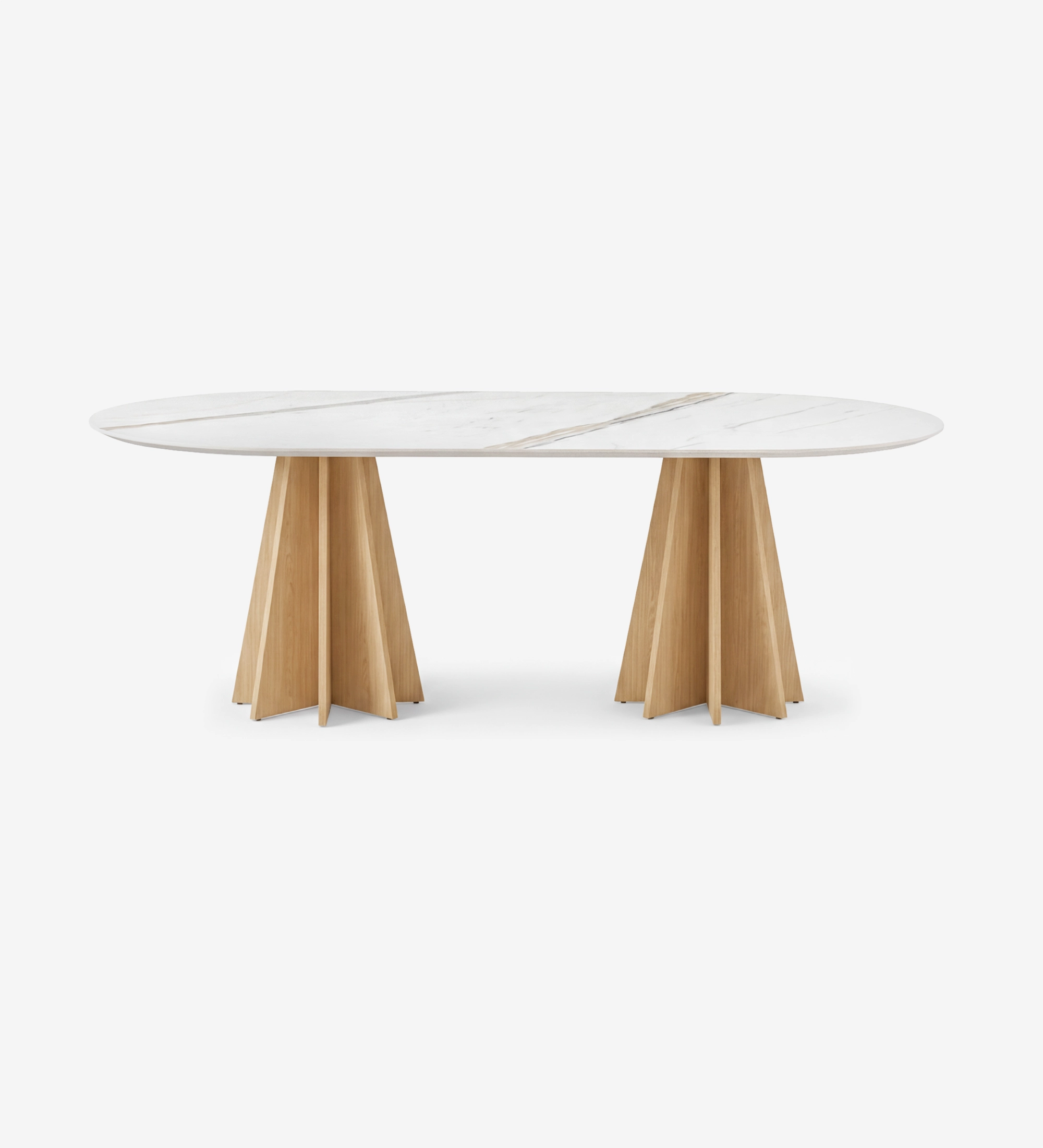 Mesa de Jantar Lagos oval com tampo em mármore branco e pés duplos em madeira