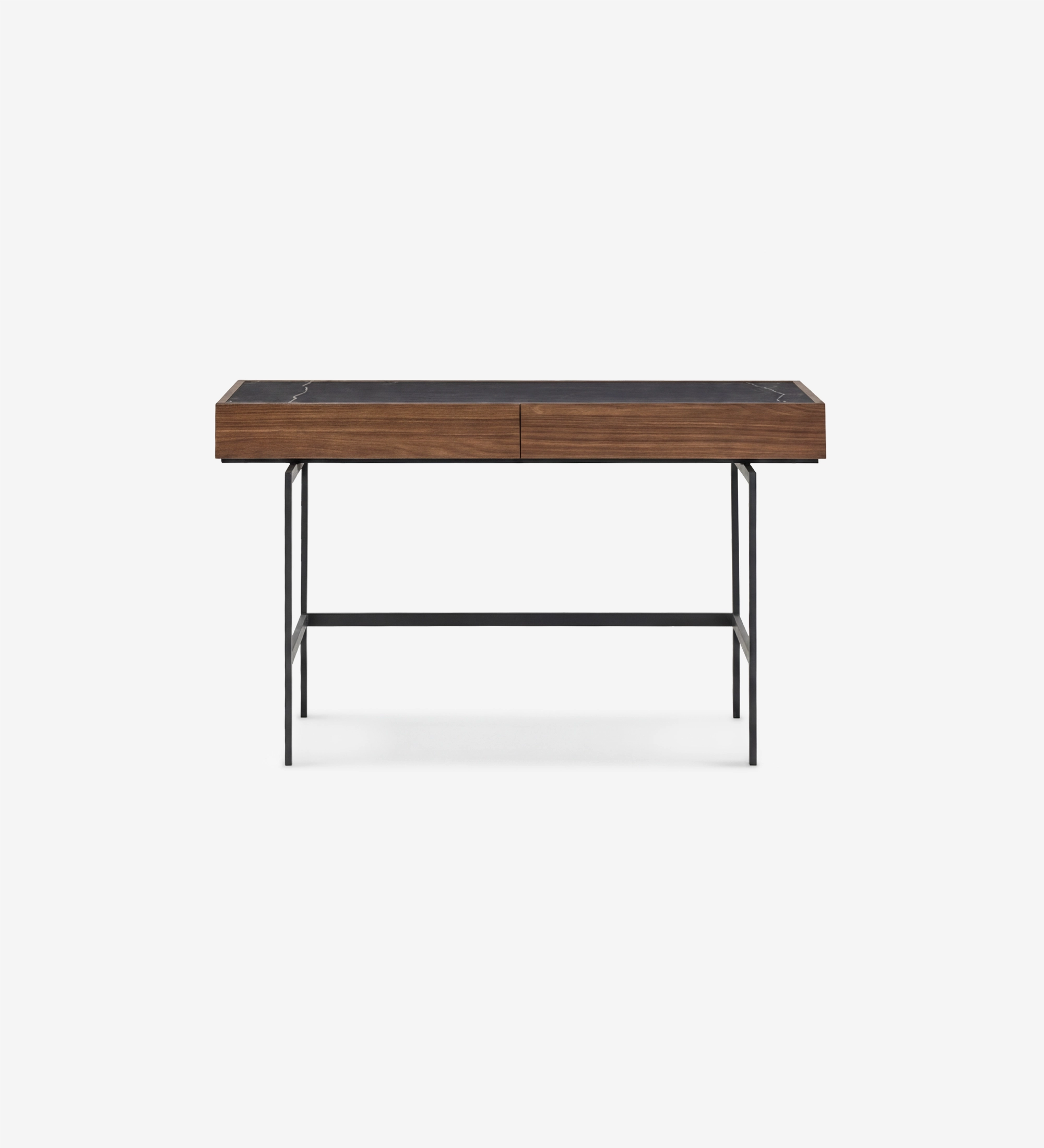 Secretária Lagos em madeira com tampo preto e pernas metálicas finas