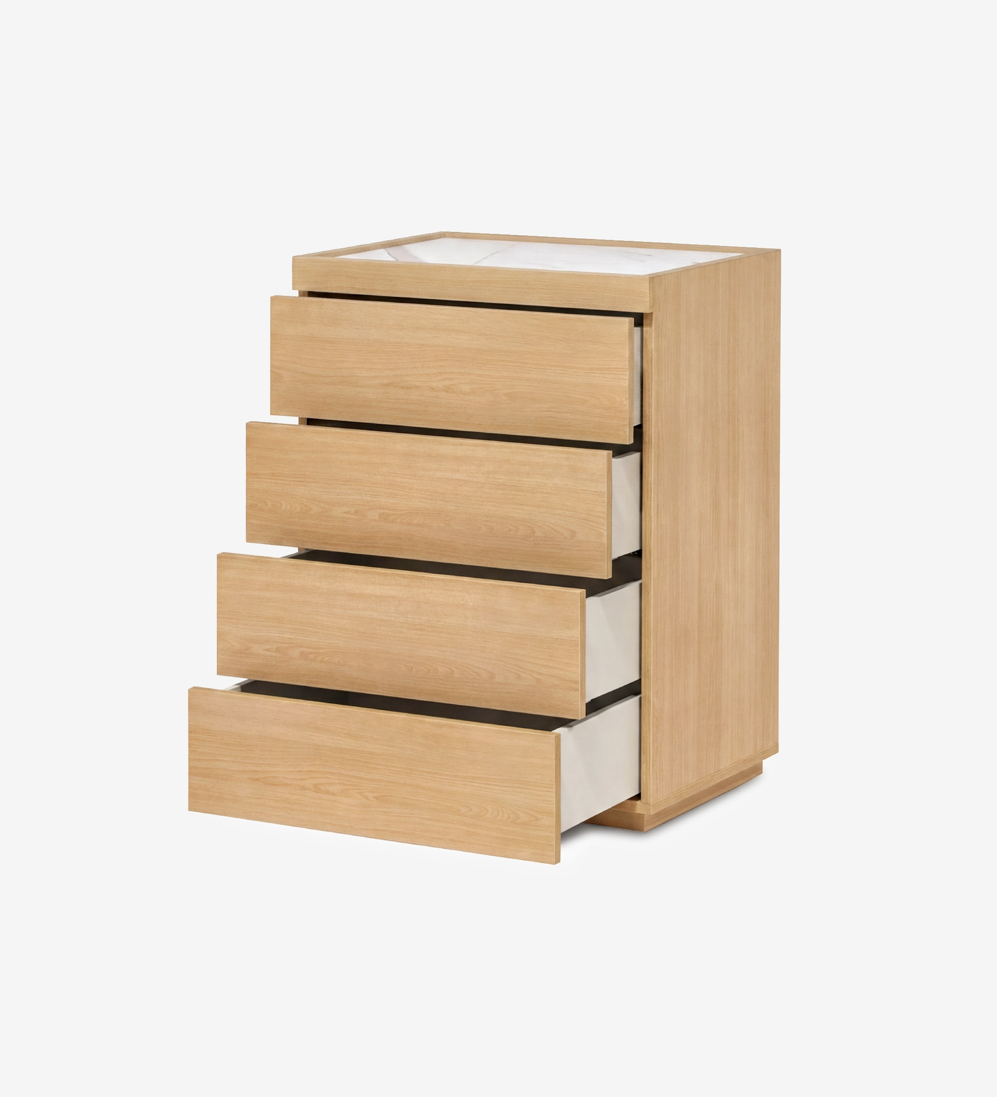 Camiseiro Lagos em madeira clara com quatro gavetas, três parcialmente abertas