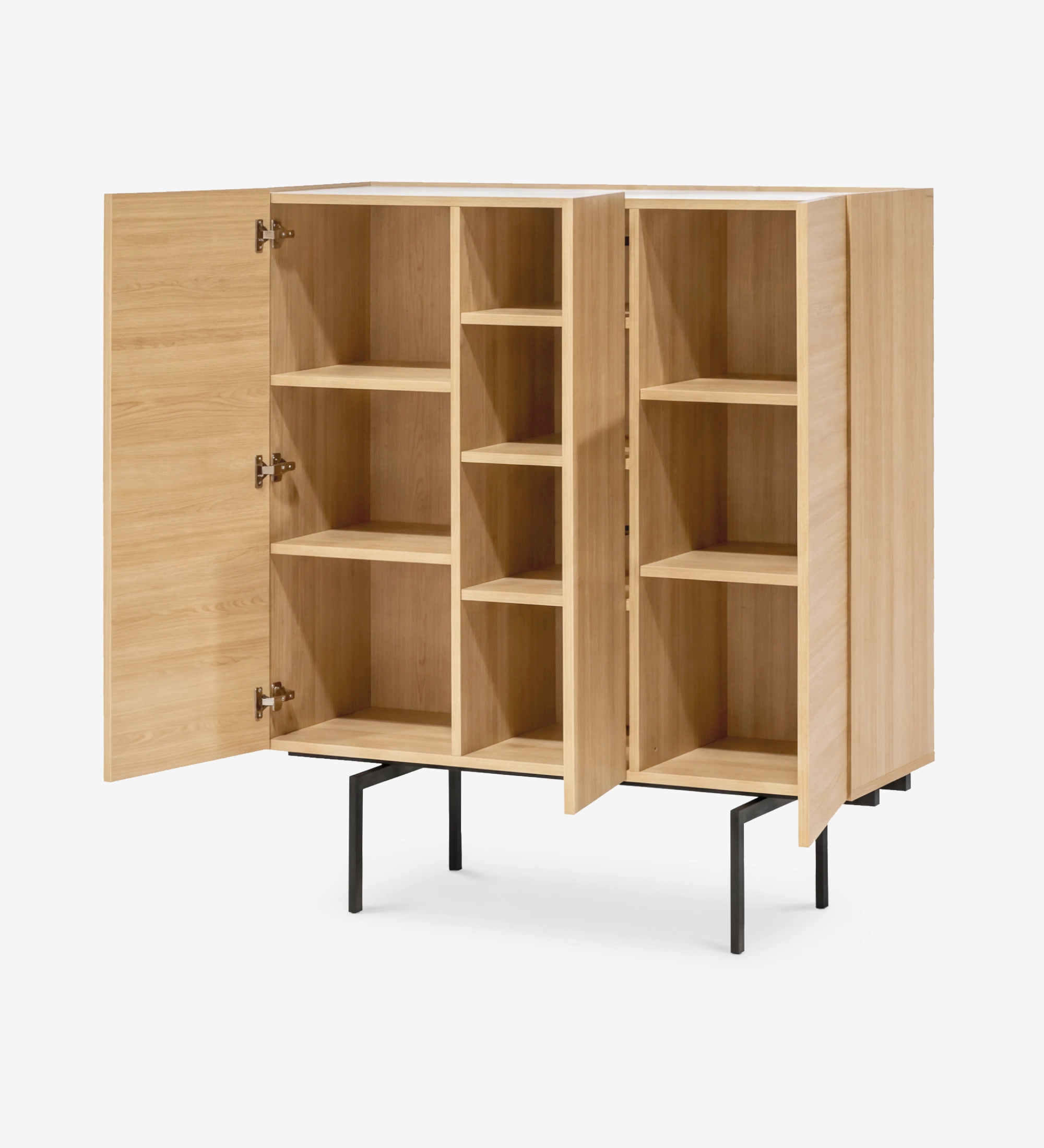 Lagos Cupboard light oak cabinet with open double doors and internal shelves on black legs