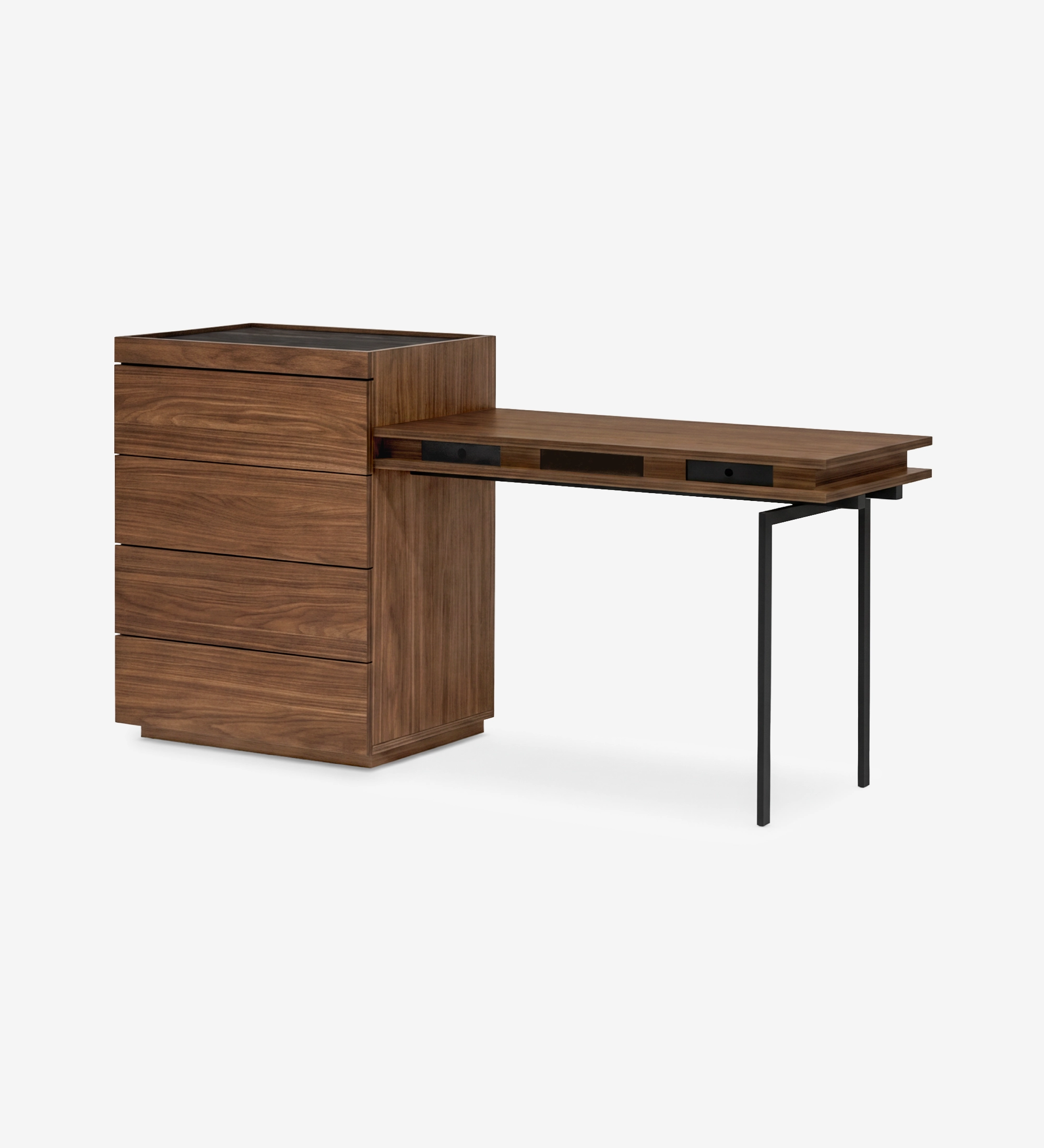 Chiffonnier en noyer avec coiffeuse escamotable et pied métallique noir