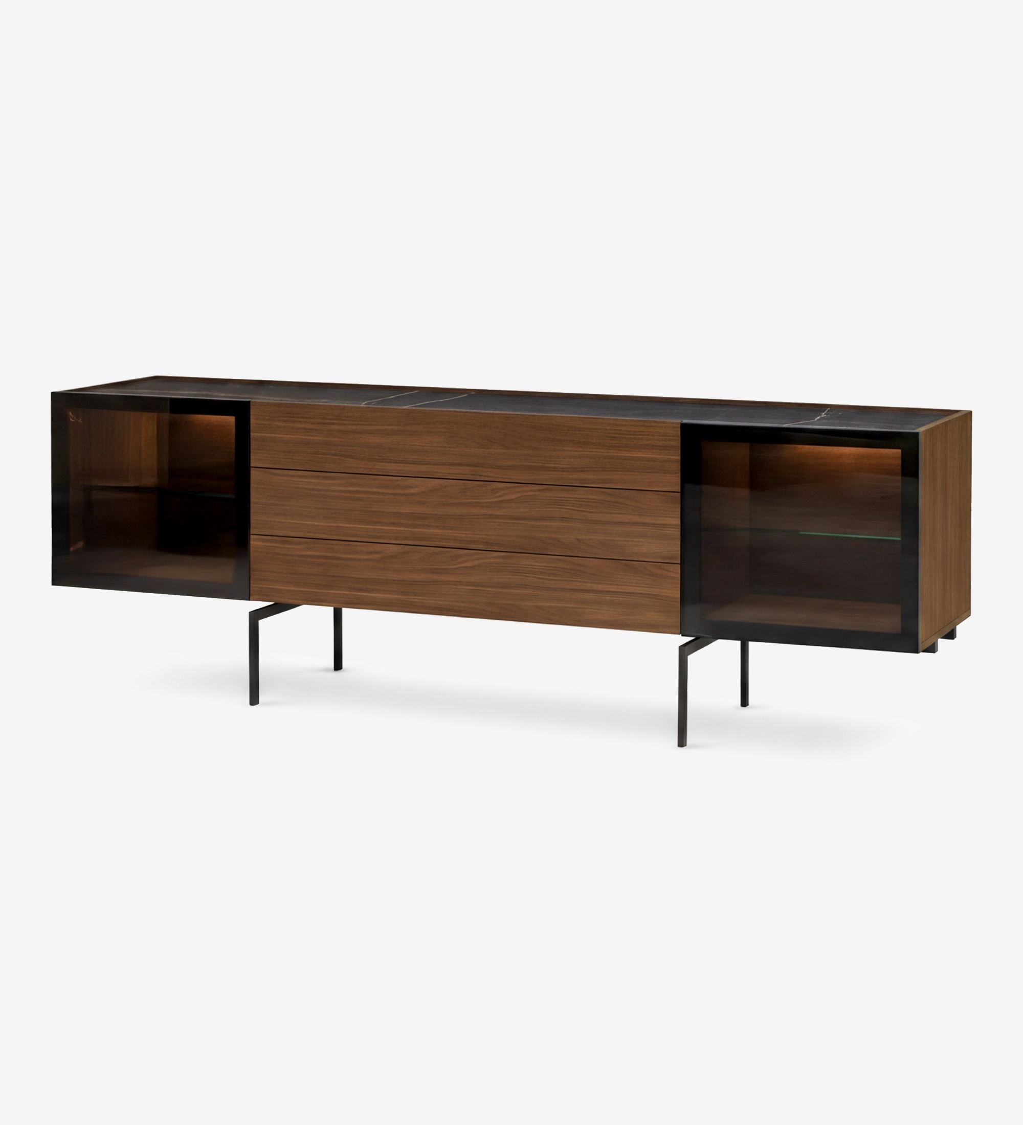 Lagos Sideboard walnut wood with central drawers and glass-sided display cabinets on metal legs