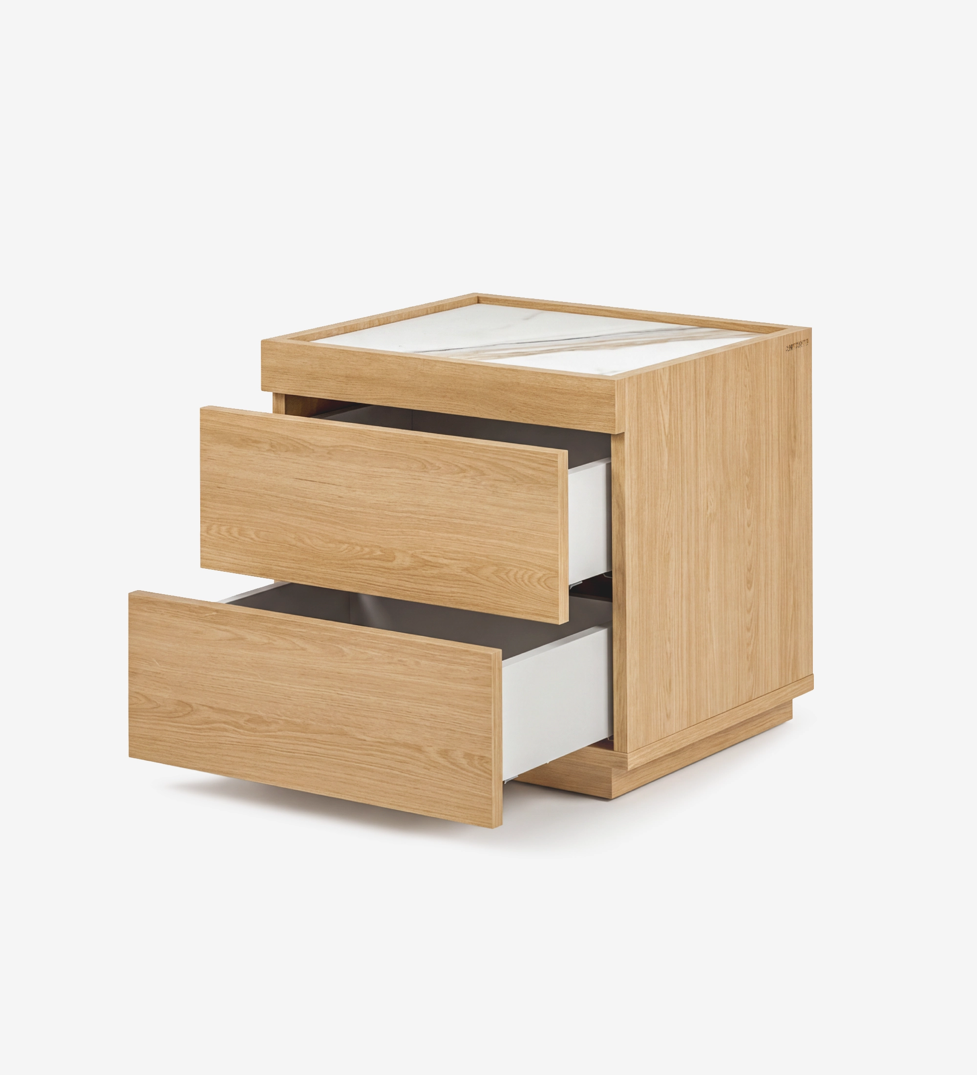 Lagos Bedside Table two-drawer oak finish with white interiors and marble top