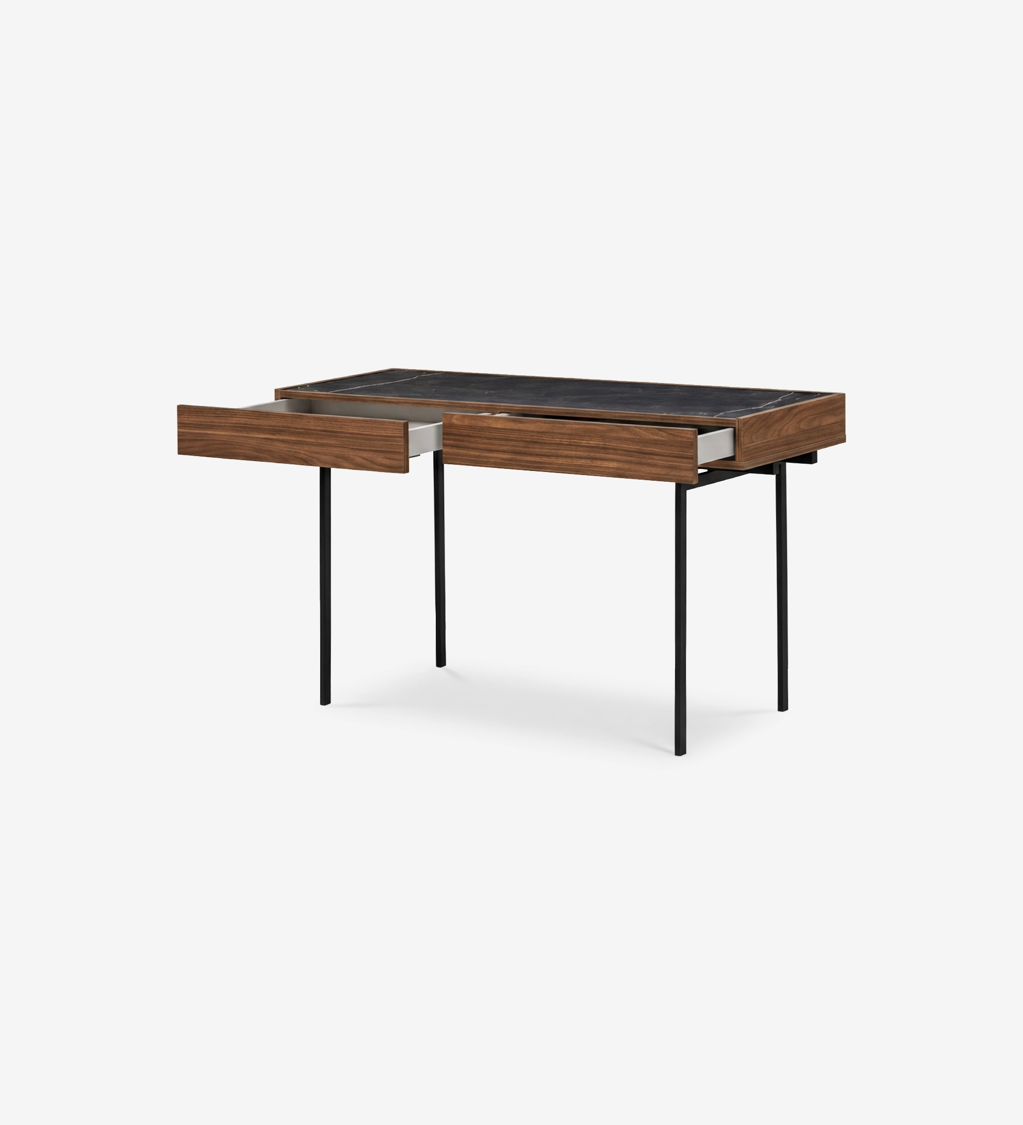 Secretária Lagos em madeira com tampo escuro, gavetas laterais e pés metálicos finos