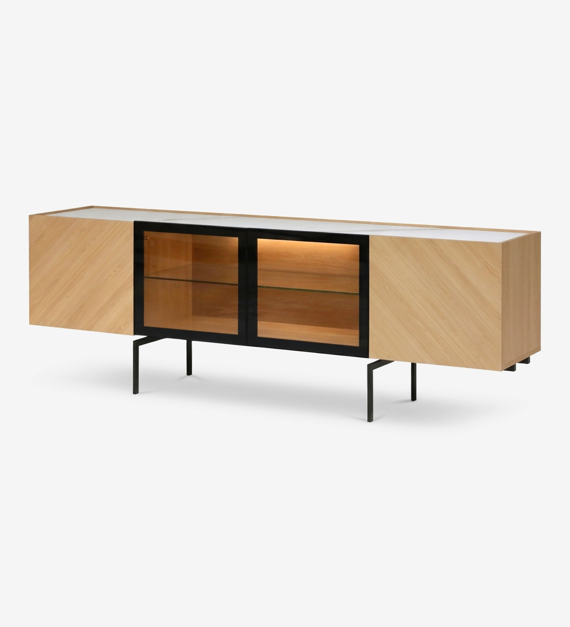 Buffet Lagos en bois clair avec portes vitrées centrales, étagères éclairées et pieds métal
