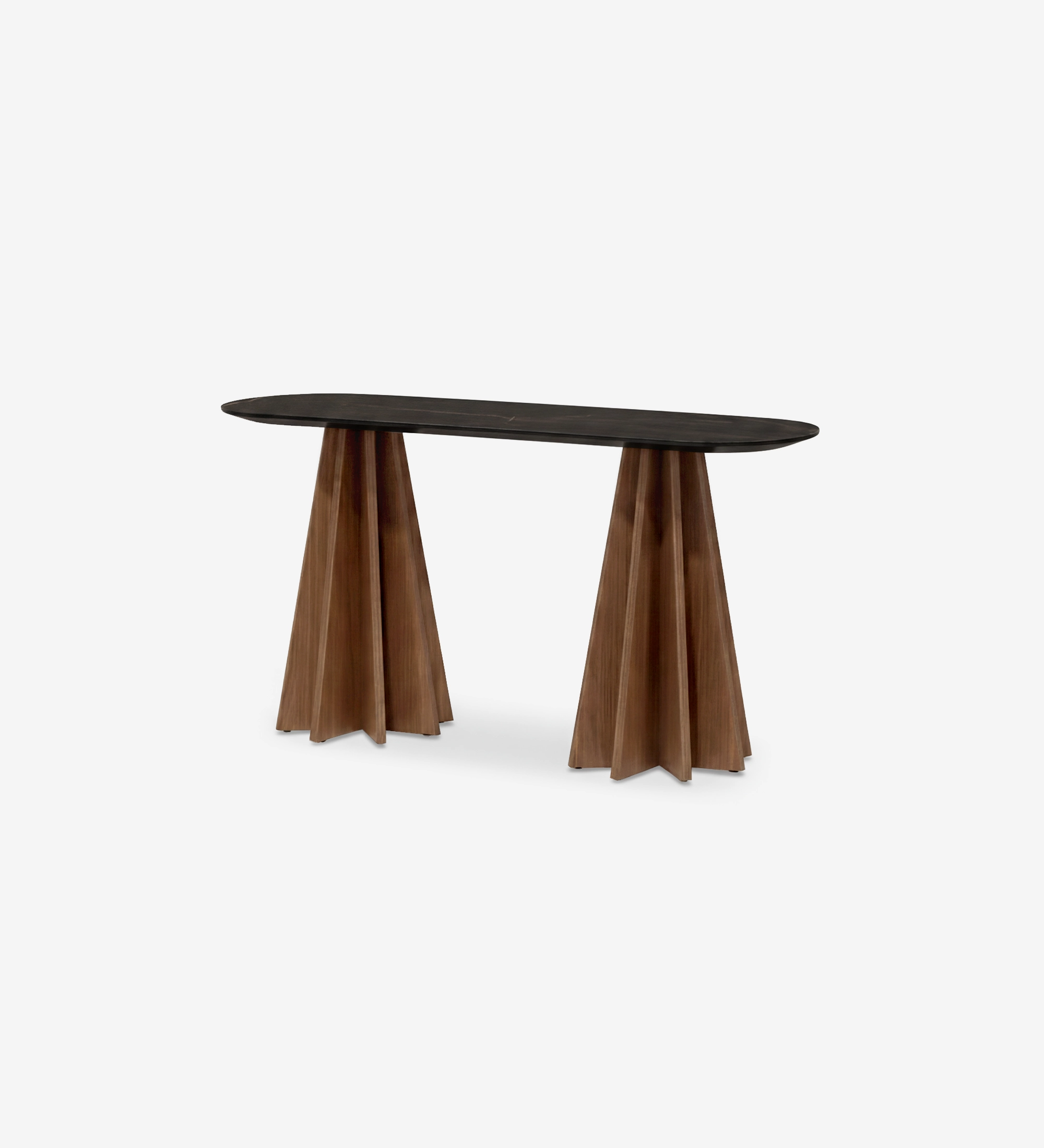 Console Lagos en bois avec plateau ovale foncé et deux pieds sculptés en éventail