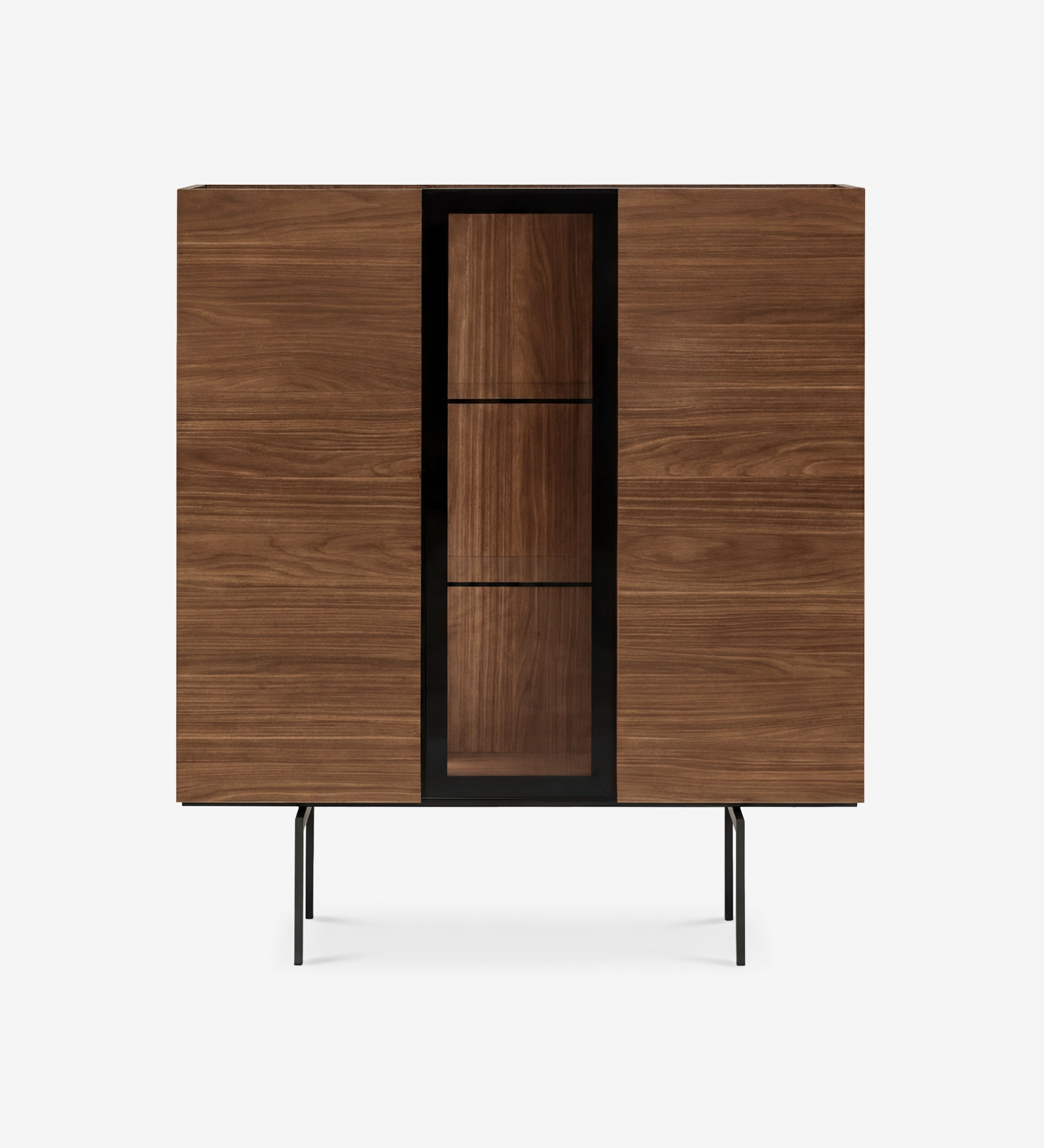 Lagos Cupboard walnut wood cabinet with central glass panel and black metal legs