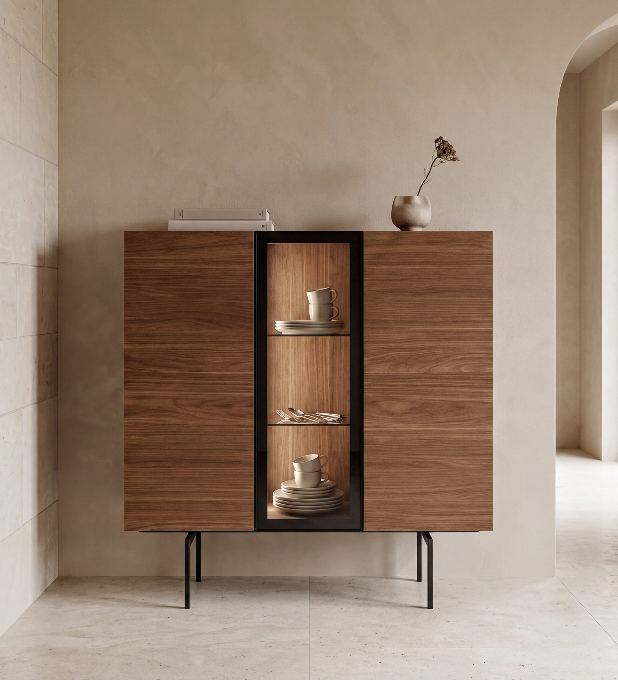 Lagos Cupboard walnut cabinet with central glass-lit display shelving and black metal legs