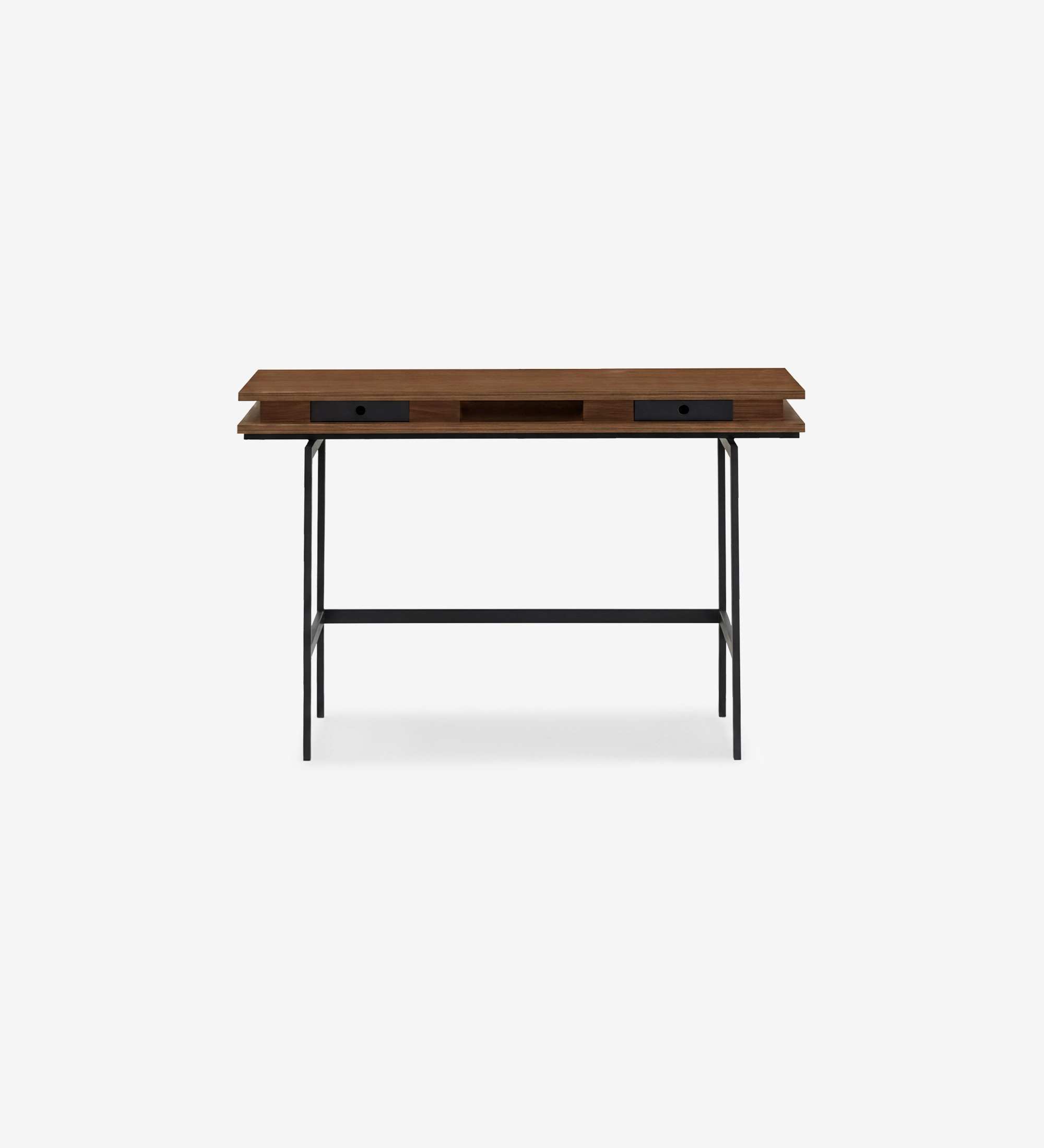 Bureau Lagos en bois avec plateau à rebord, deux tiroirs et piétement métallique noir