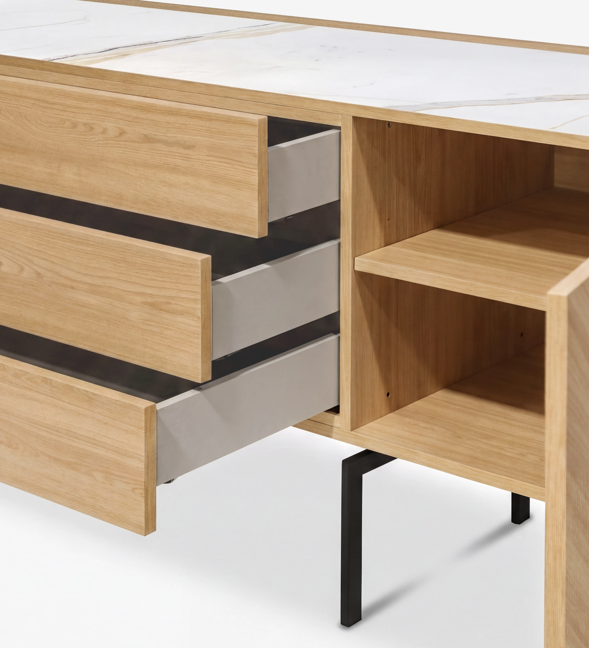 Lagos Sideboard close-up with oak drawers, open shelf, marble top and black metal legs