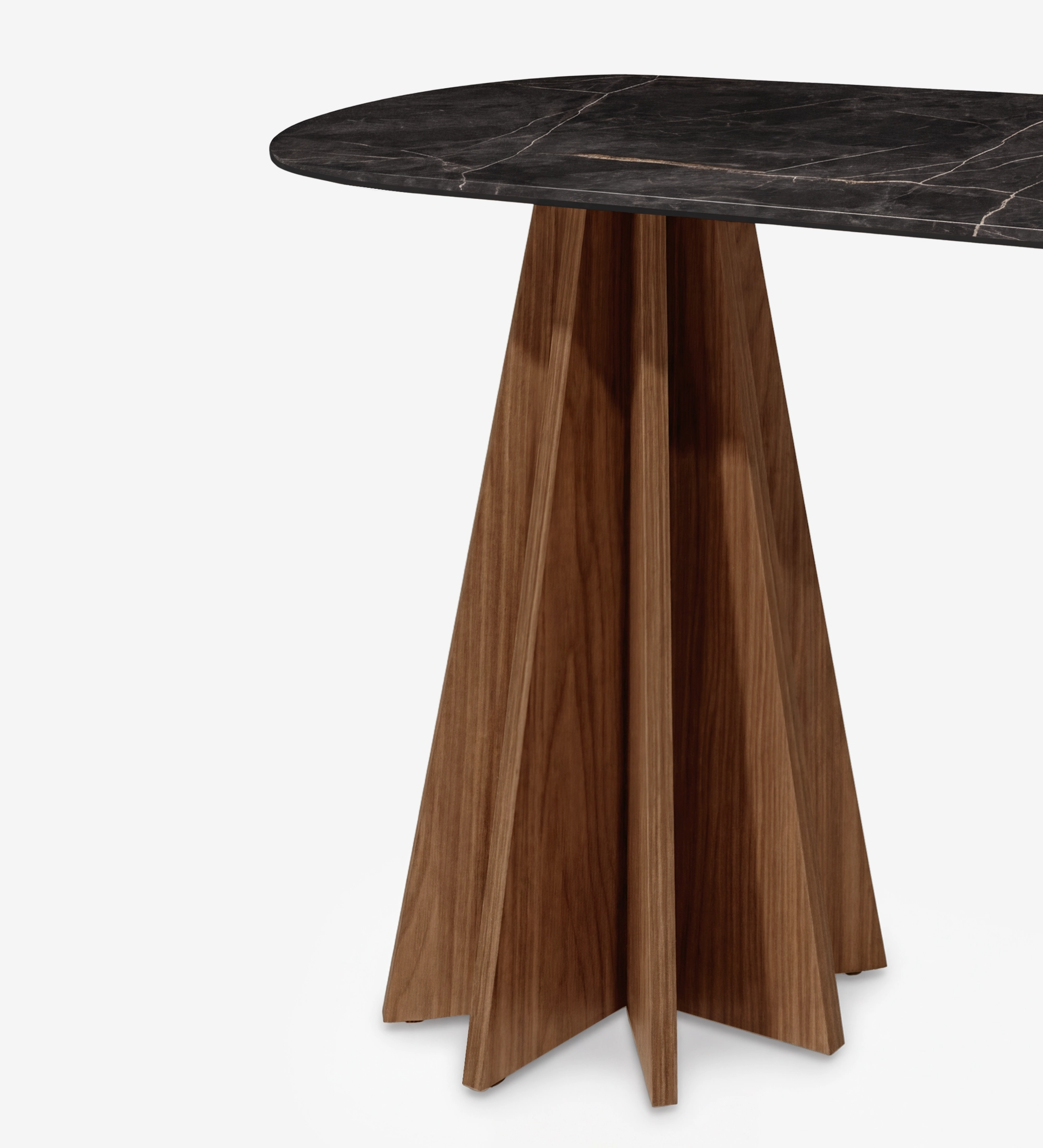 Console Lagos avec plateau ovale en marbre noir et piètement en bois en forme d'étoile