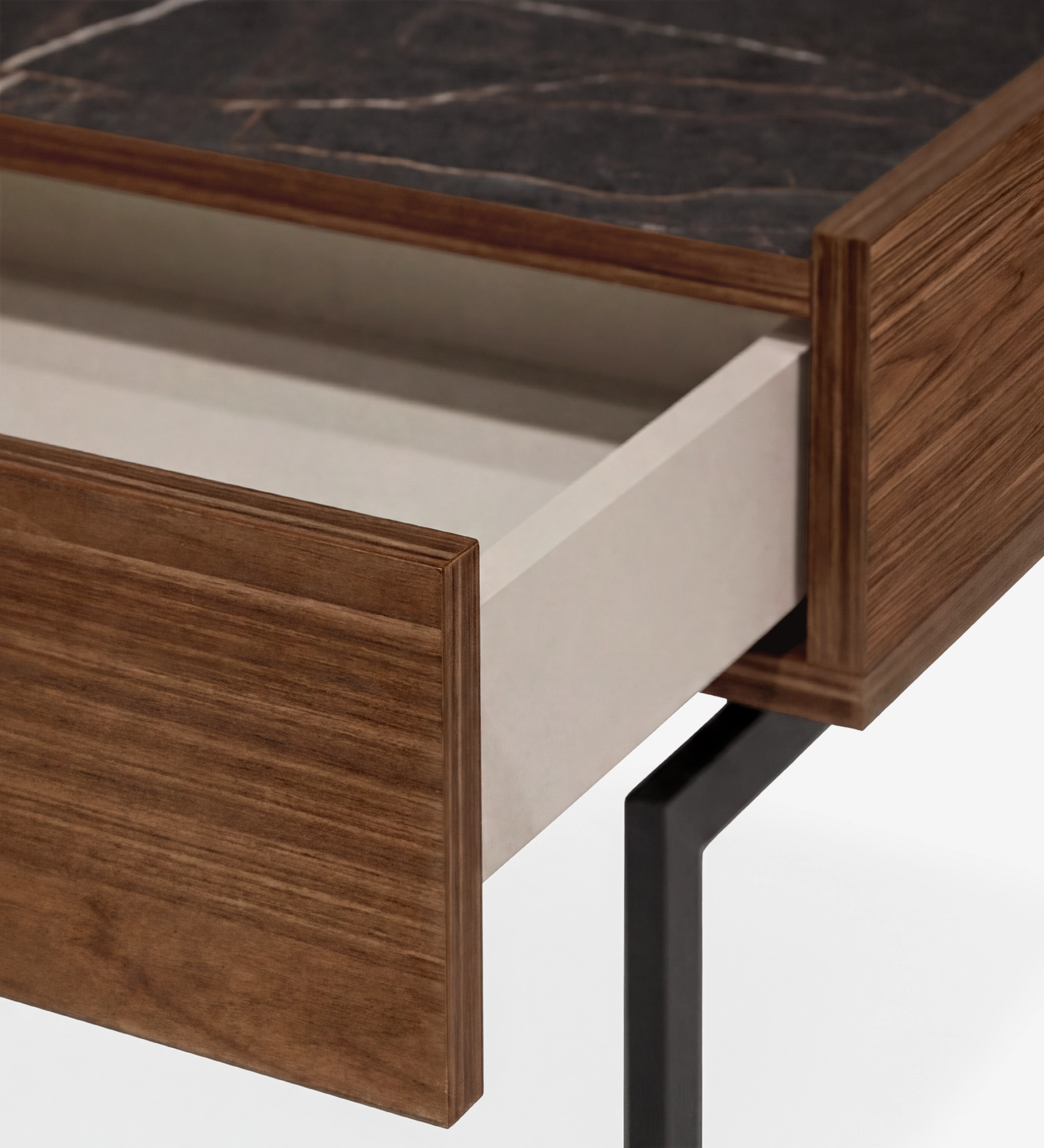 Lagos Bedside Table close-up of open drawer with wood veneer, marble top and metal leg
