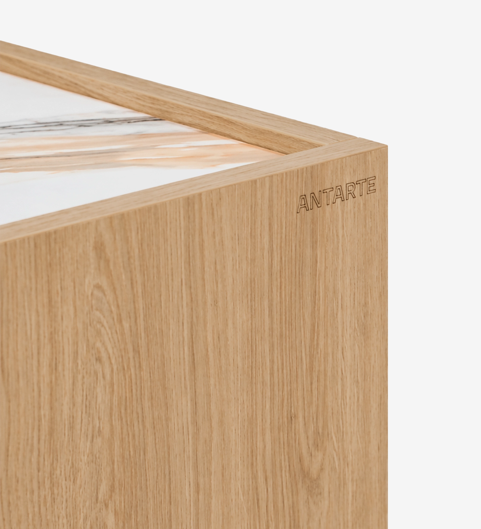 Lagos Bedside Table corner in oak with inset marble top and ANTARTE engraving