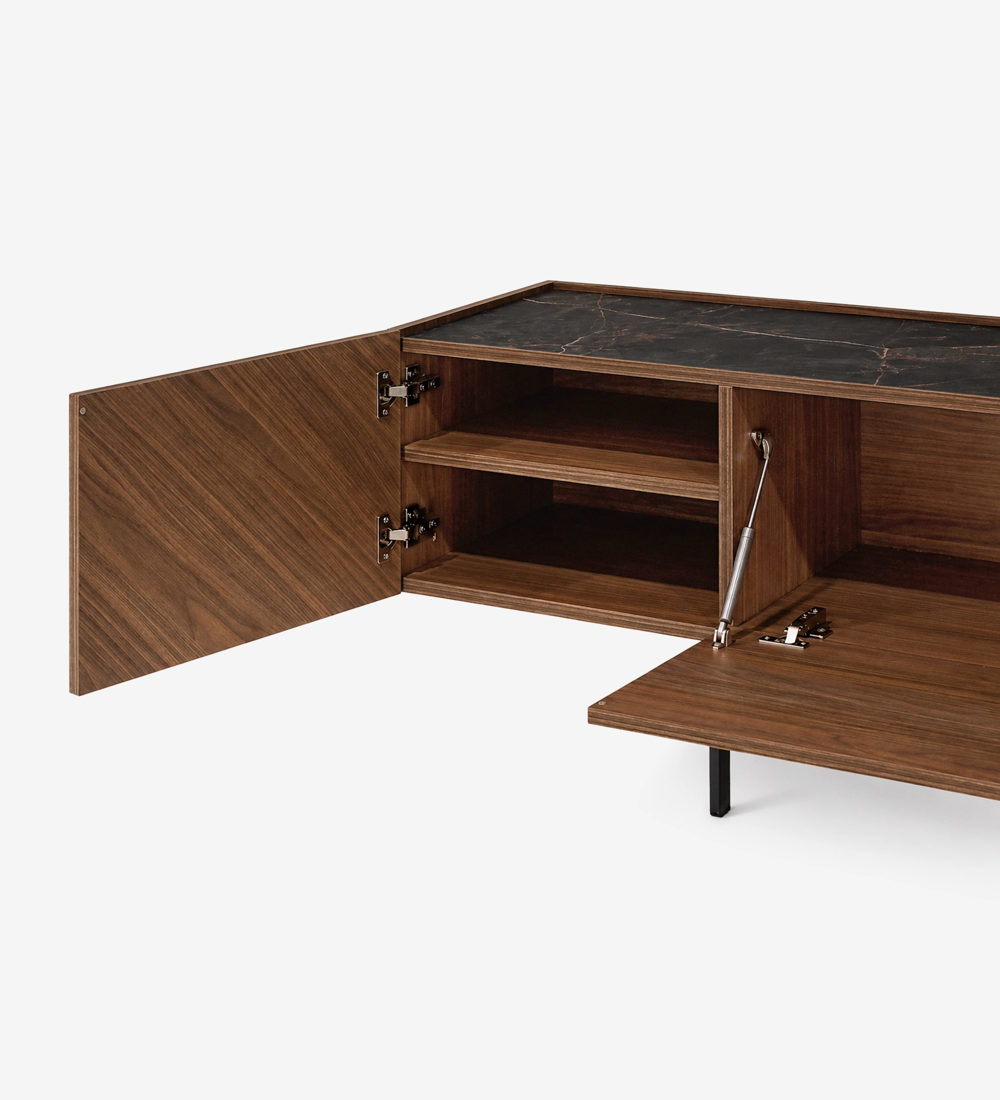 Lagos TV Stand with open wooden cabinets, two shelves and dark marble top