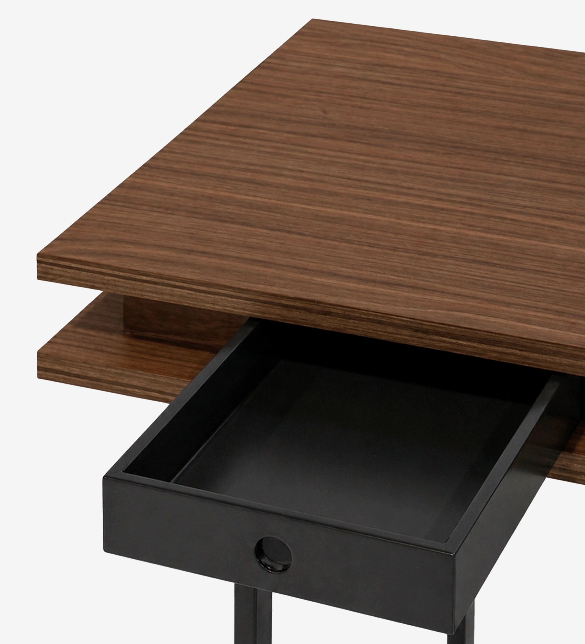 Coiffeuse Bureau Lagos en bois foncé avec tiroir noir ouvert