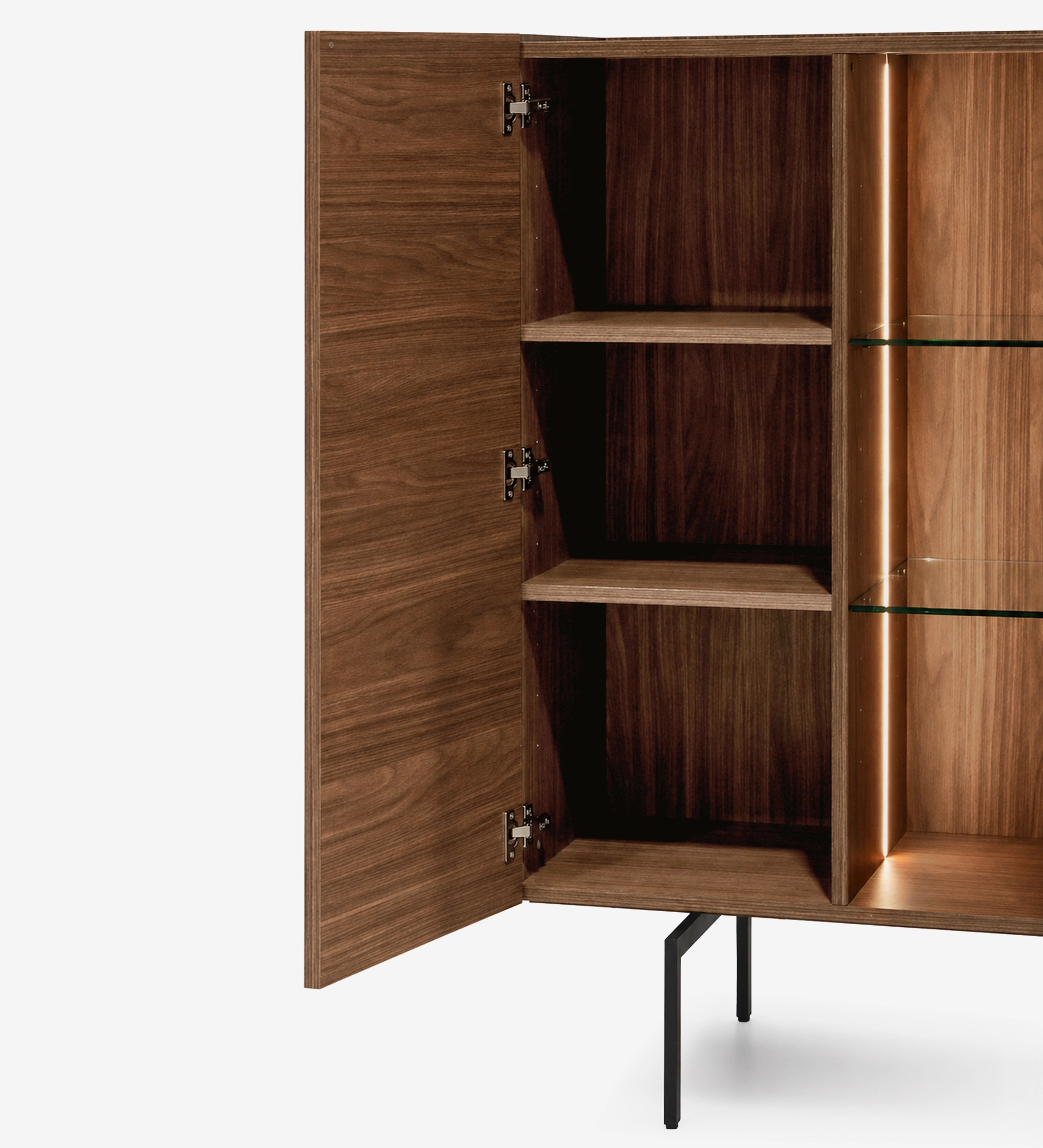 Lagos Cupboard walnut cabinet with open door, wooden shelves and illuminated glass shelf