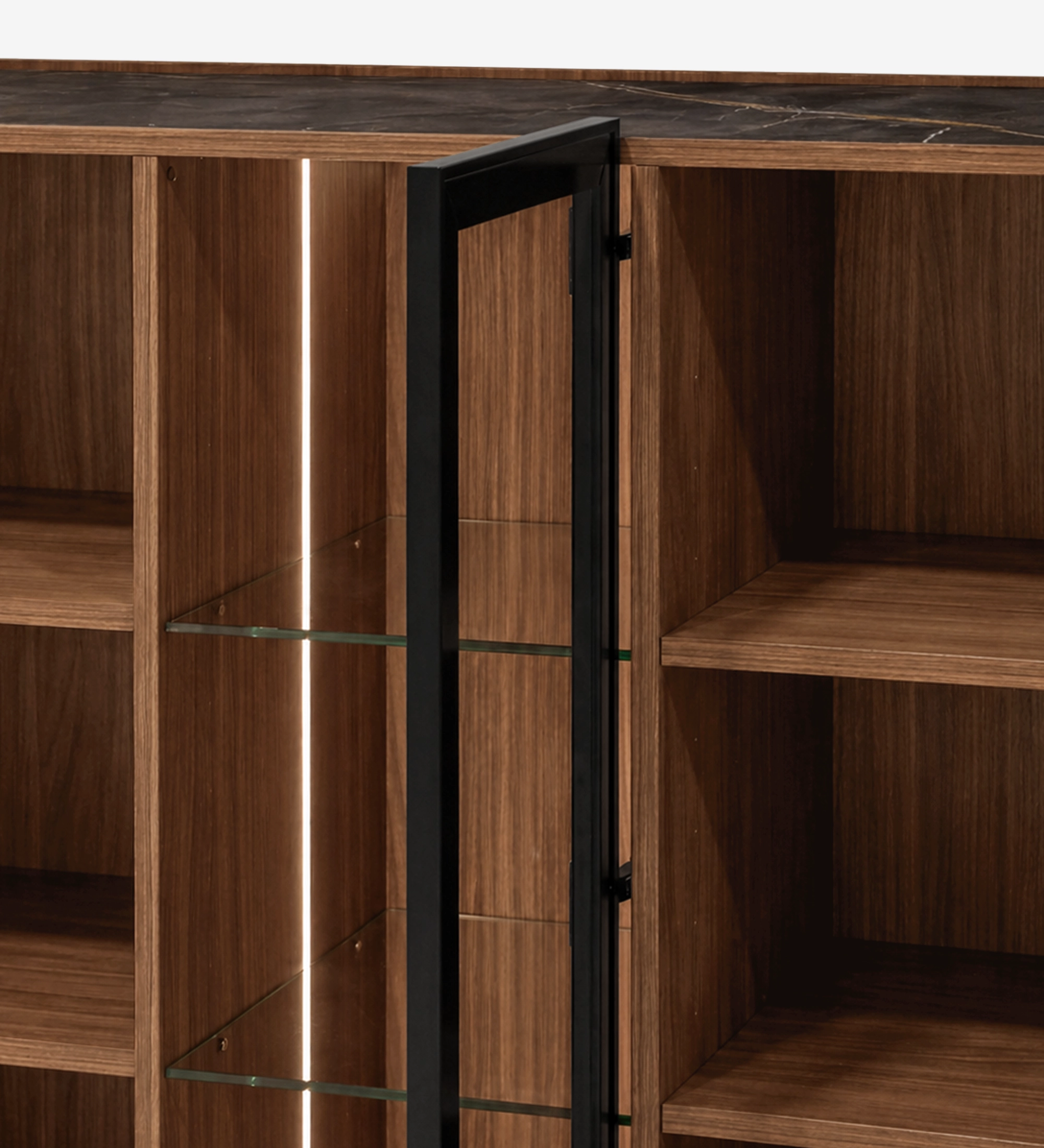 Lagos Cupboard with black-framed glass door, walnut shelves and LED strip lighting