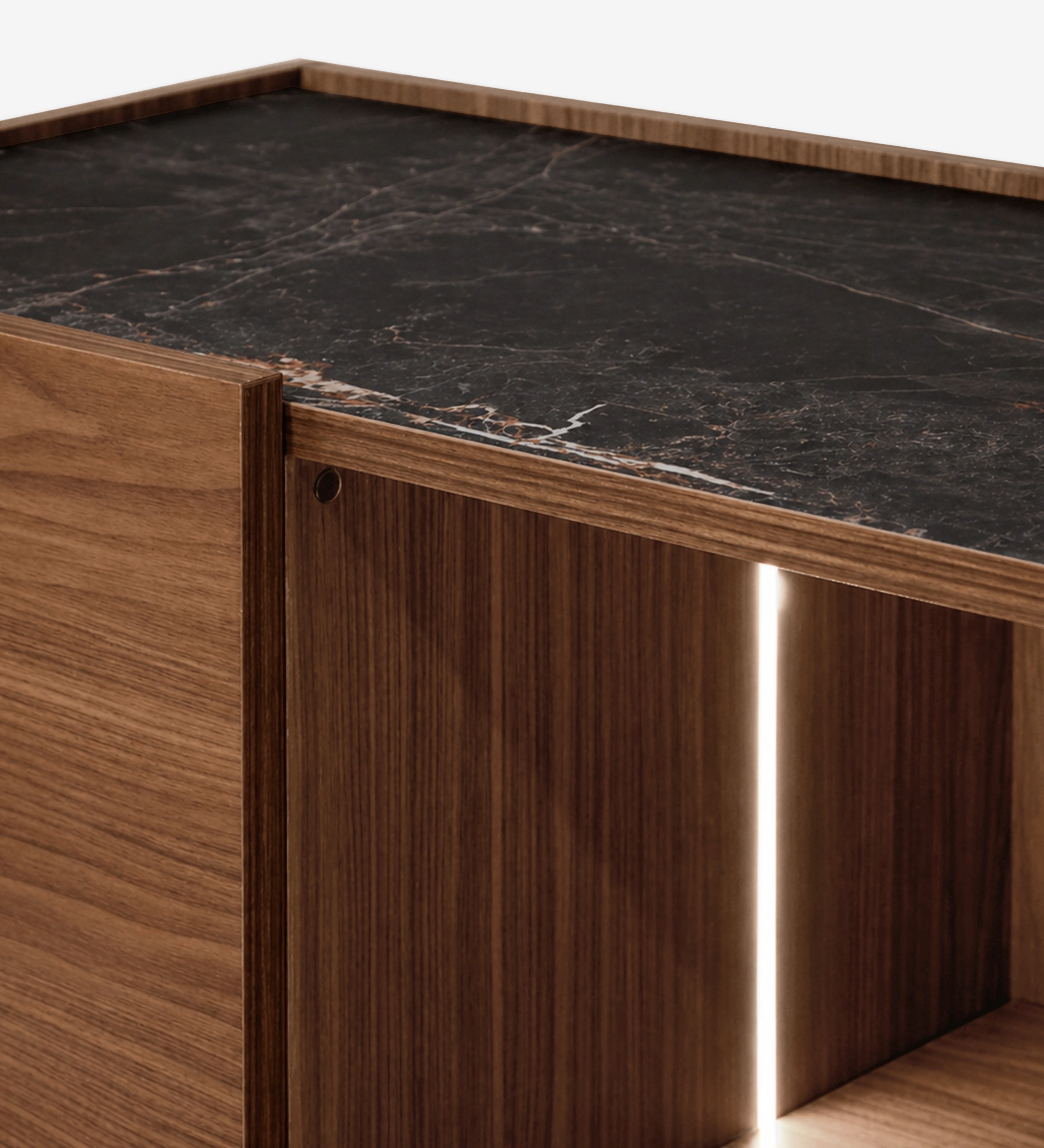 Lagos Cupboard walnut cabinet with dark marble top and vertical LED interior light