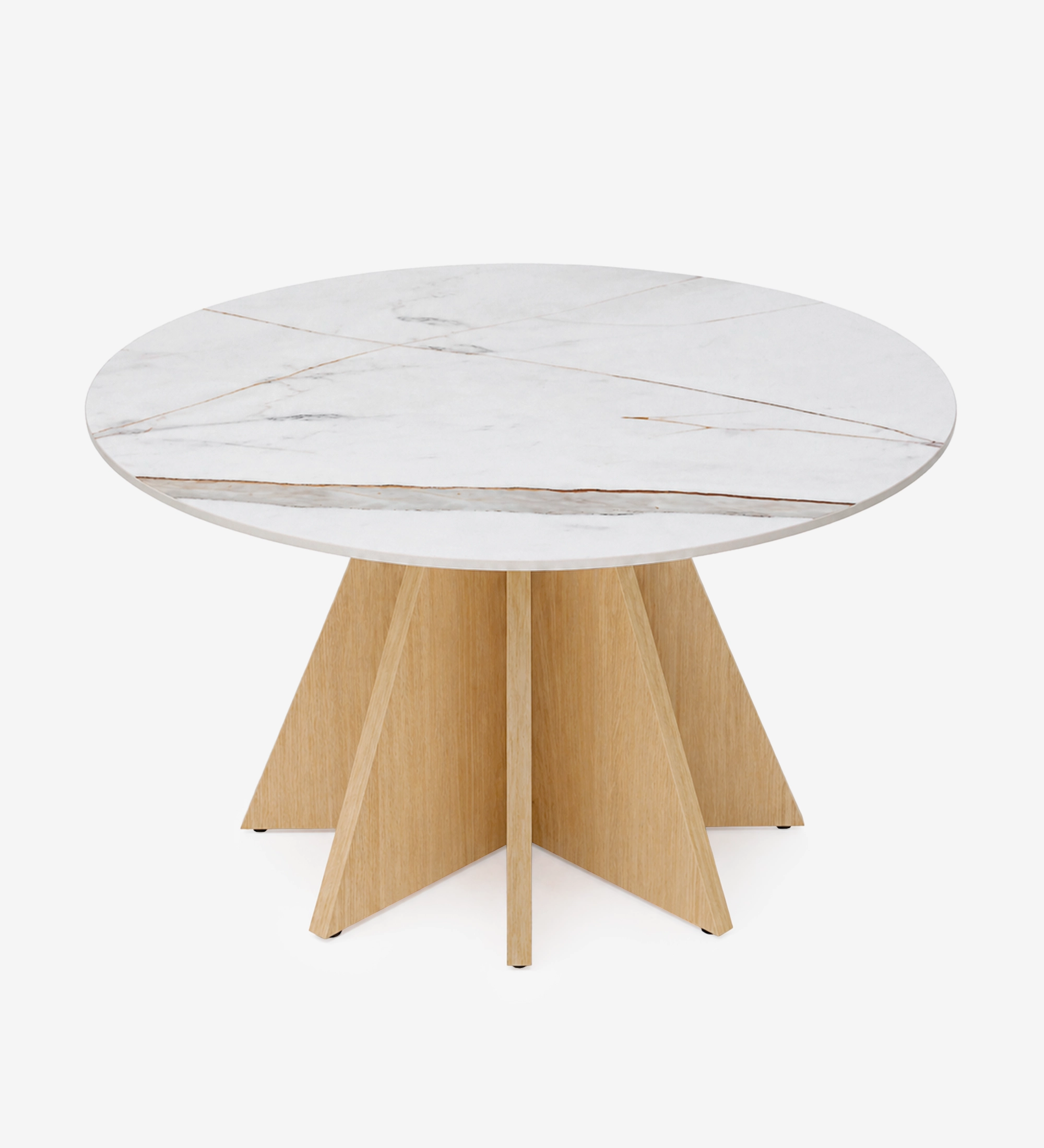 Lagos Center Table with round white marble top and wooden star-shaped base