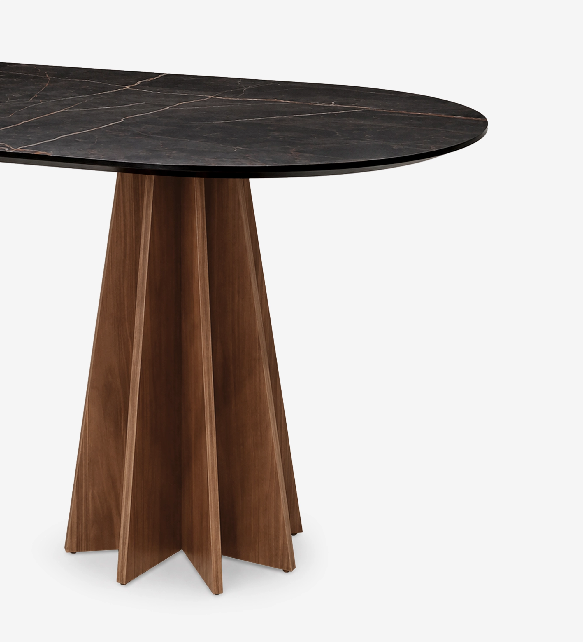 Table à Manger Lagos, plateau ovale en marbre noir veiné et pied central sculpté en bois