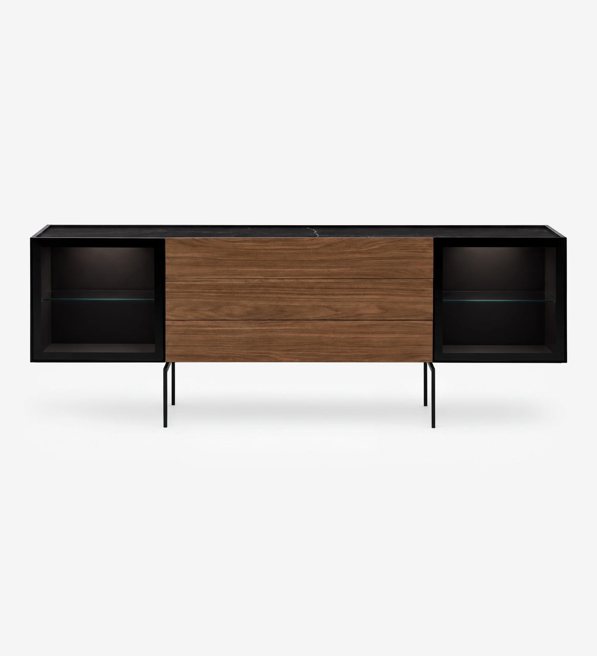 Lagos Sideboard walnut center with black frame and glass-shelved side compartments on slim legs
