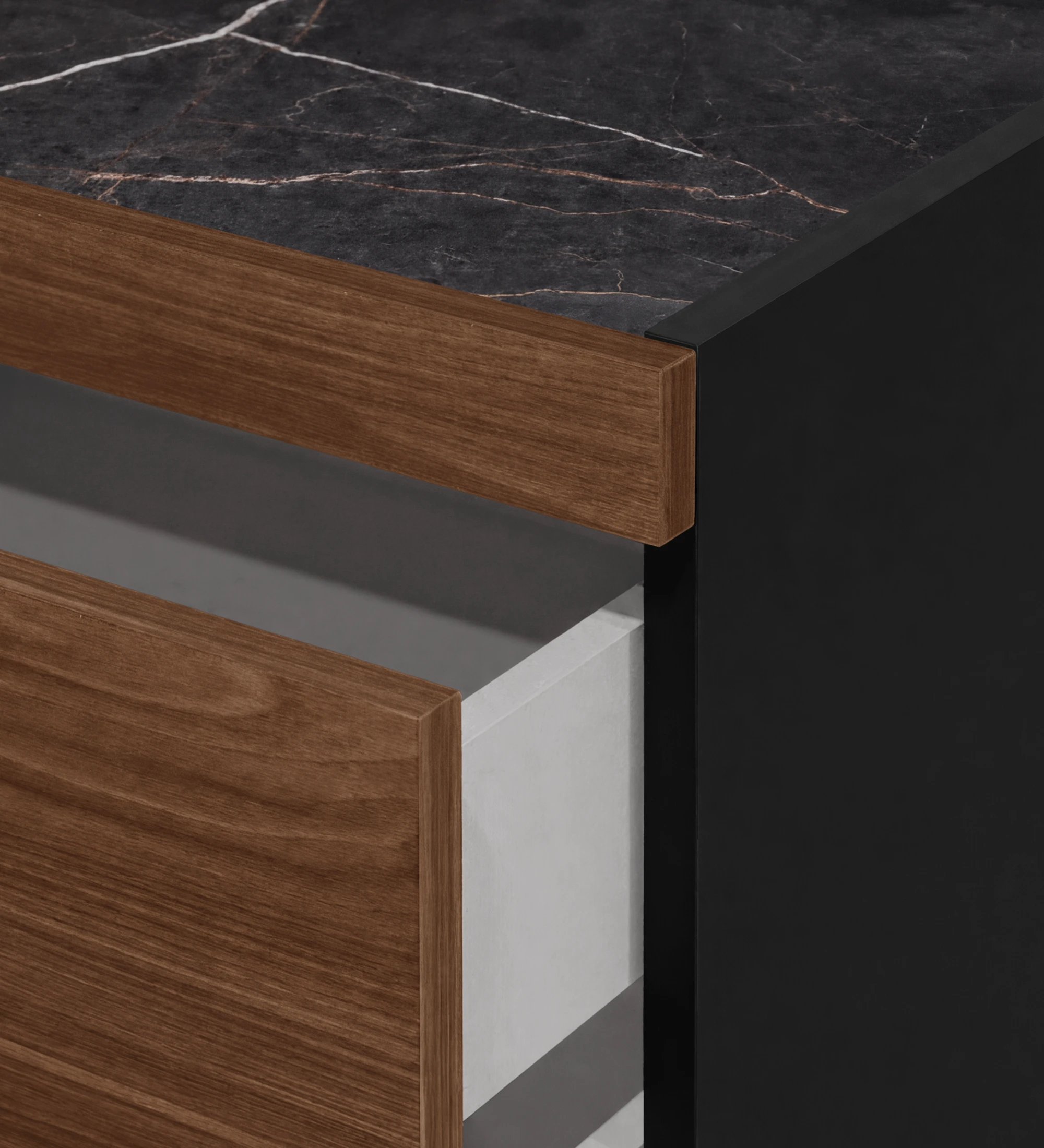 Mesita de Noche Lagos primer plano con tapa efecto mármol, frente de cajón madera y lateral negro