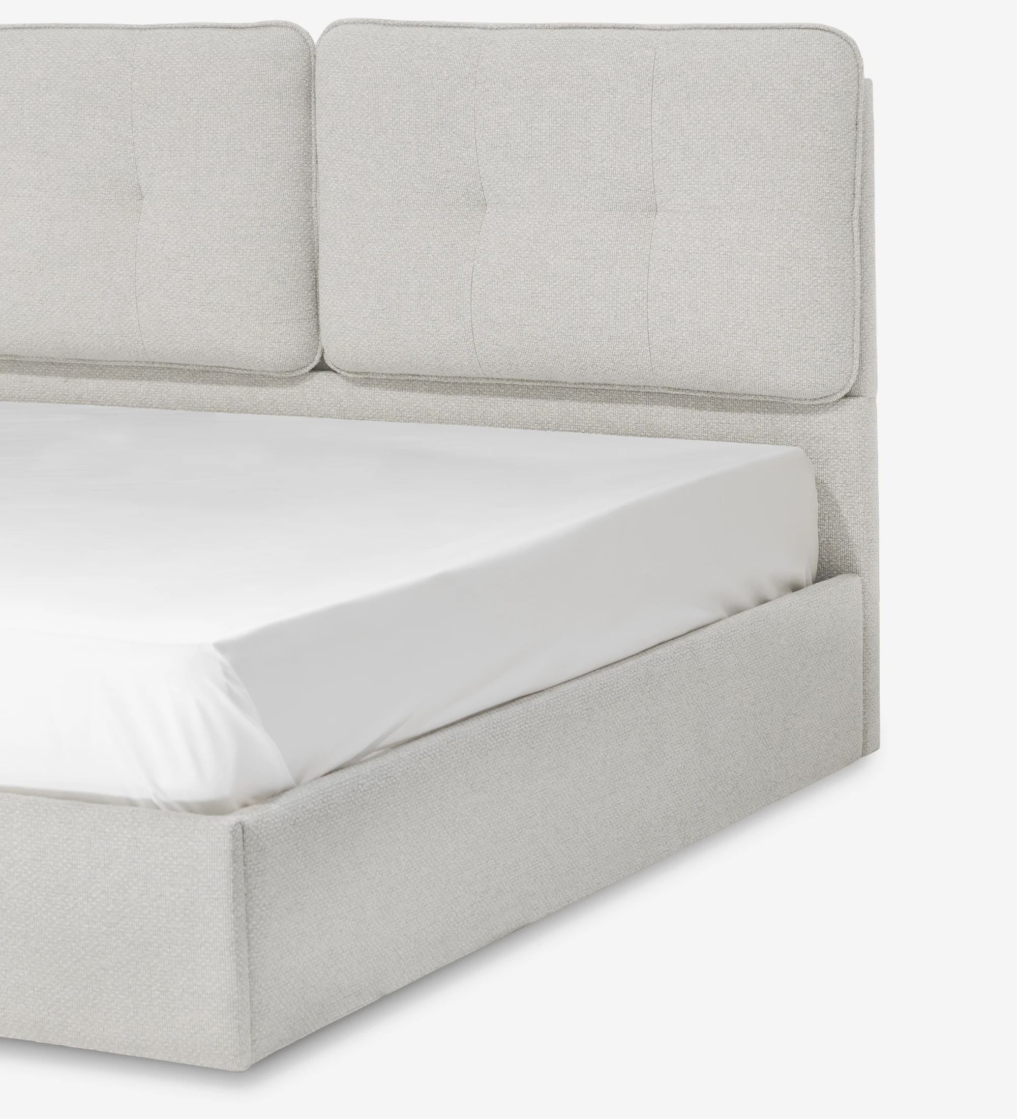 Cama de Casal Lagos em tecido bege claro com cabeceira almofadada