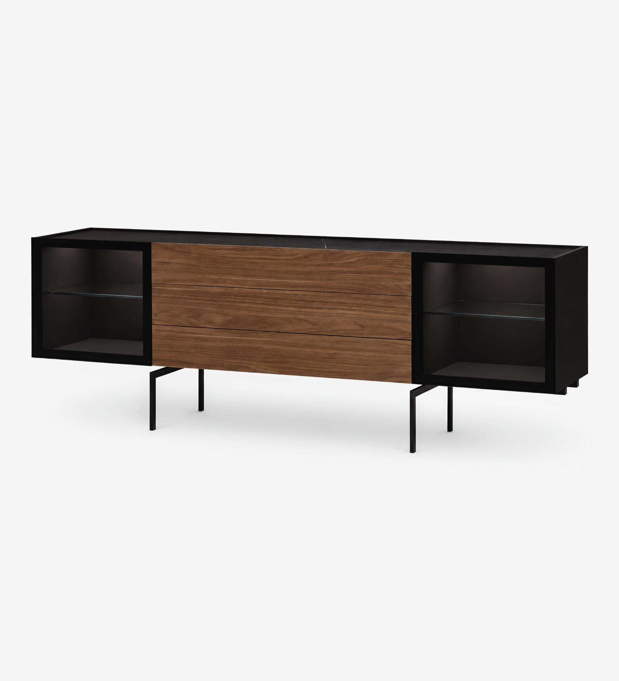Sideboard with 2 glass doors and 3 central walnut drawers, black structure, Port Laurent marble laminate top, and black lacquered metal legs
