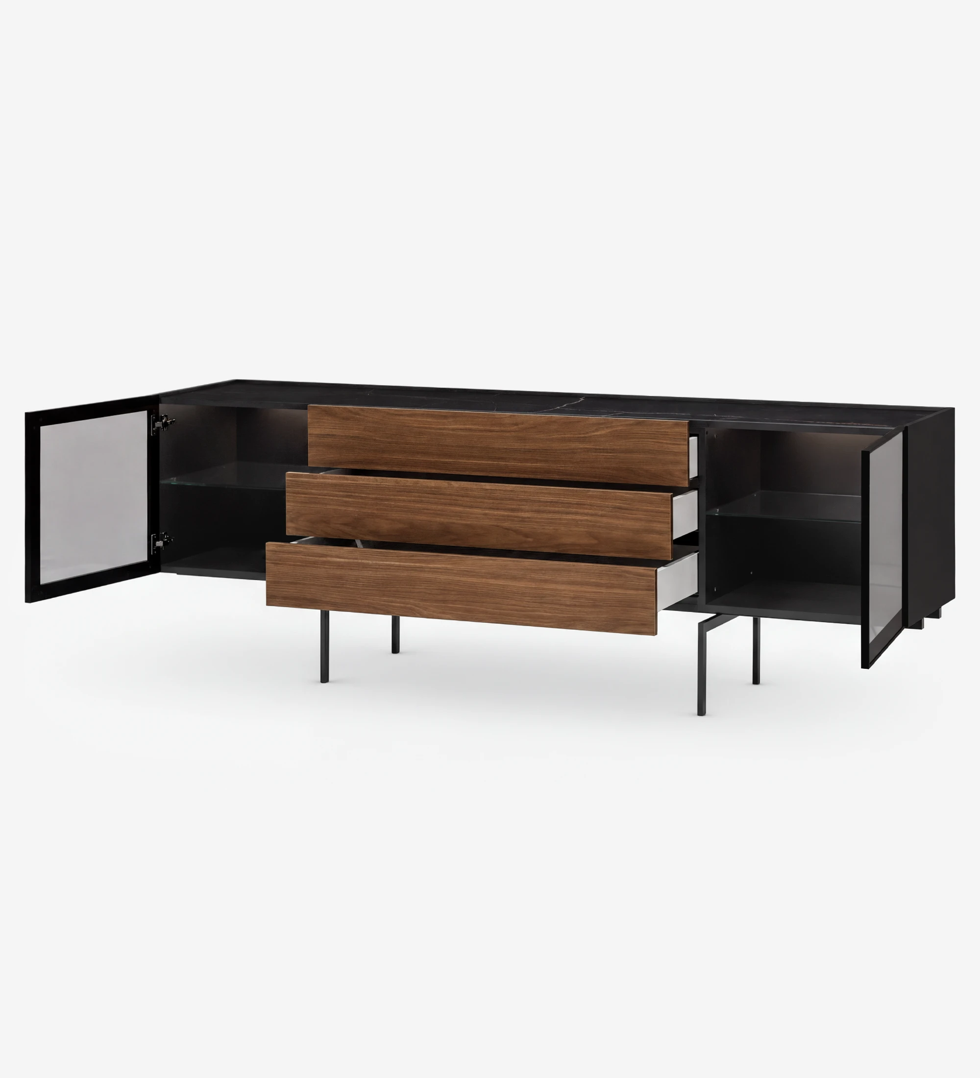 Lagos Sideboard with black metal frame, three walnut drawers and glass-front cabinets