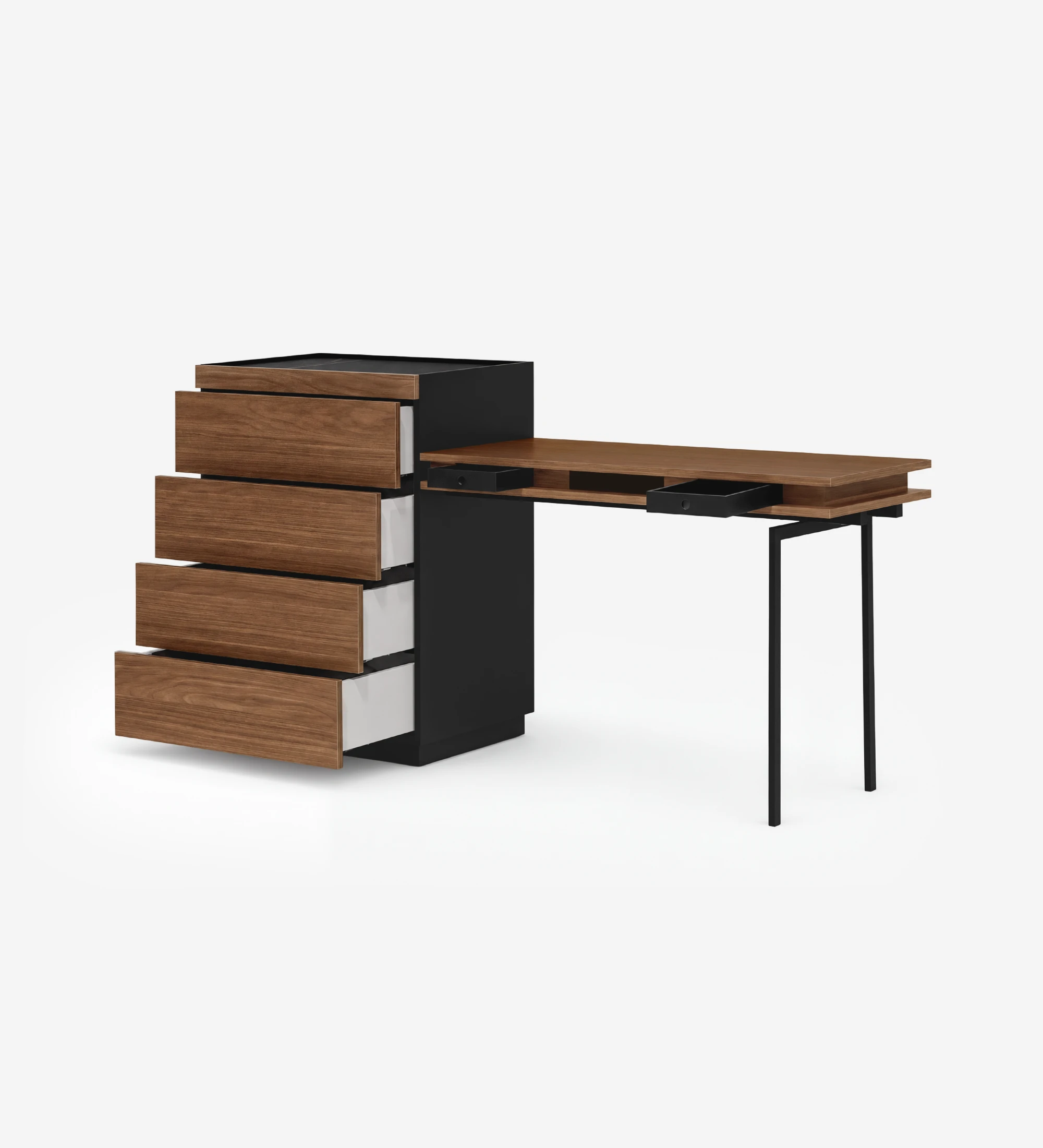 Modern walnut chest with four drawers and attached wooden dressing table with black legs