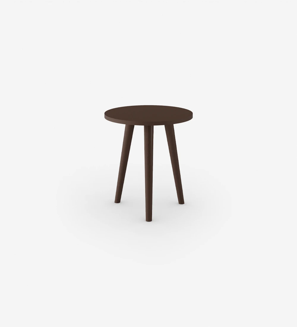 Side table with round top, lacquered in dark brown.