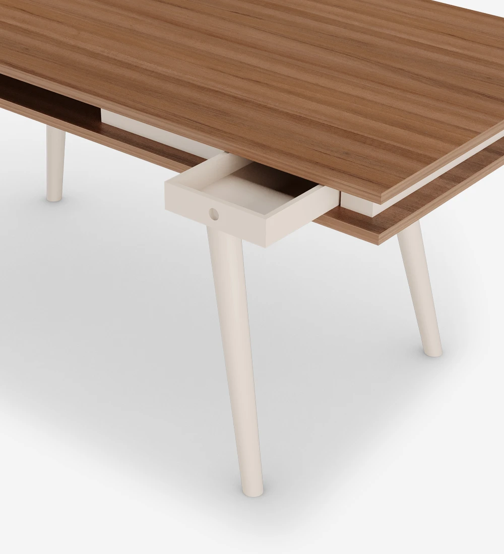 Desk with walnut table top, pearl lacquered turned legs.