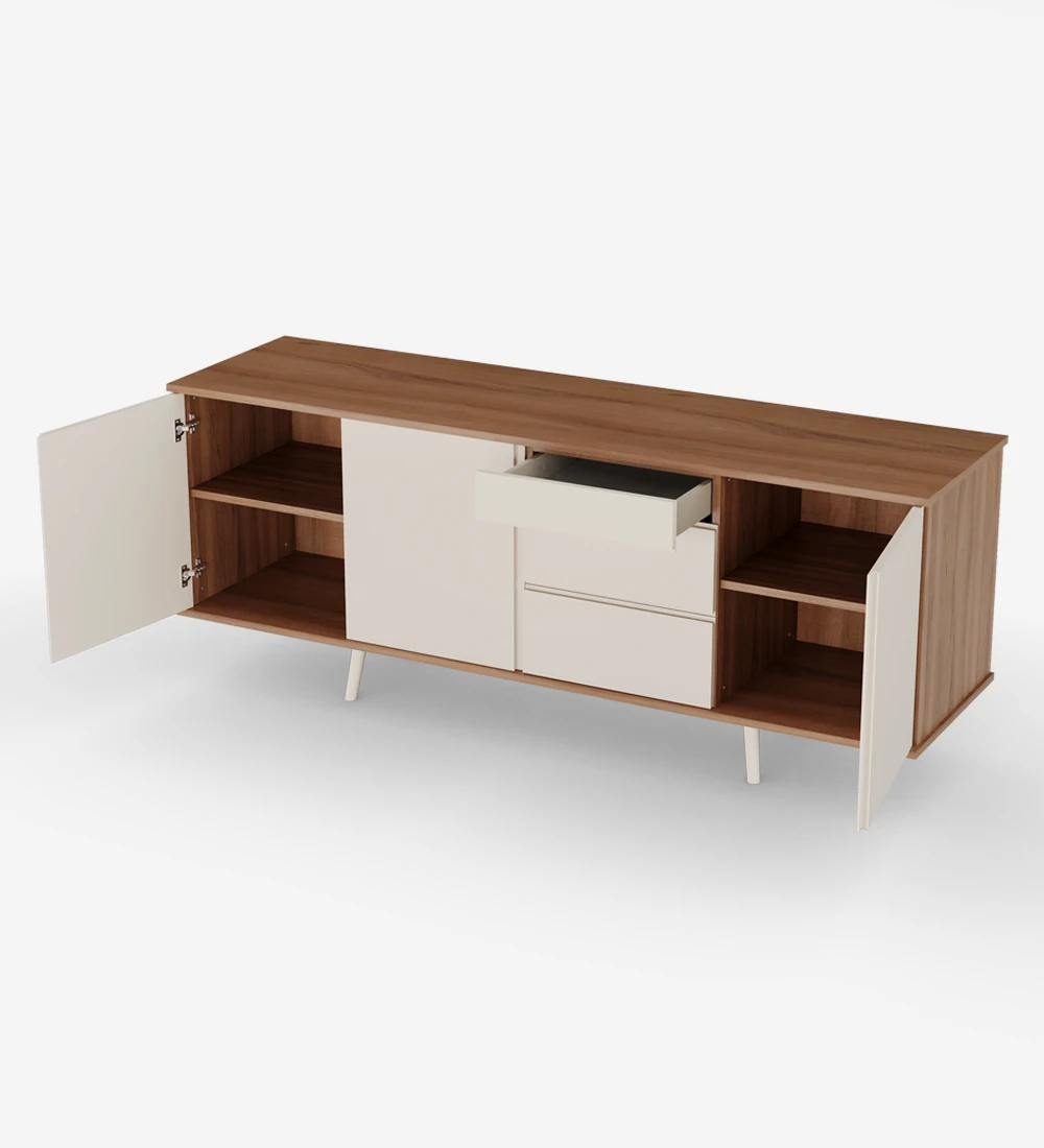 Sideboard with 3 doors, 3 drawers and pearl lacquered legs, walnut structure.
