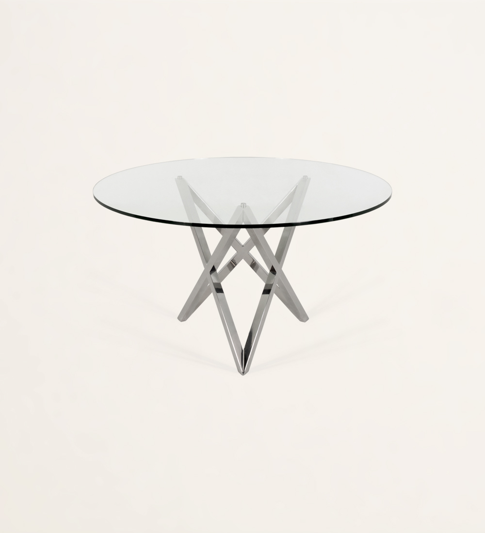 Table de repas ronde avec plateau en verre et pied en acier inoxydable.
