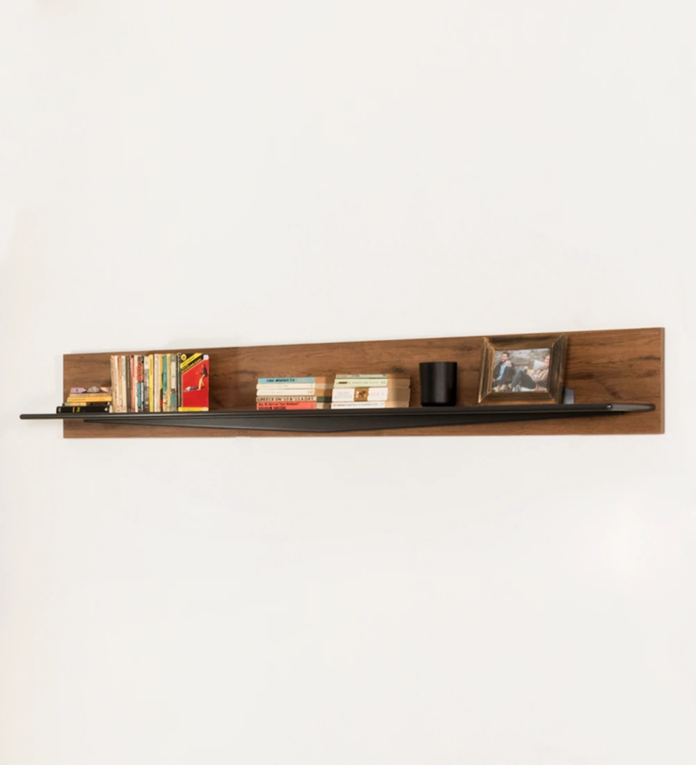 Black lacquered shelf and detail, with aged oak frame.