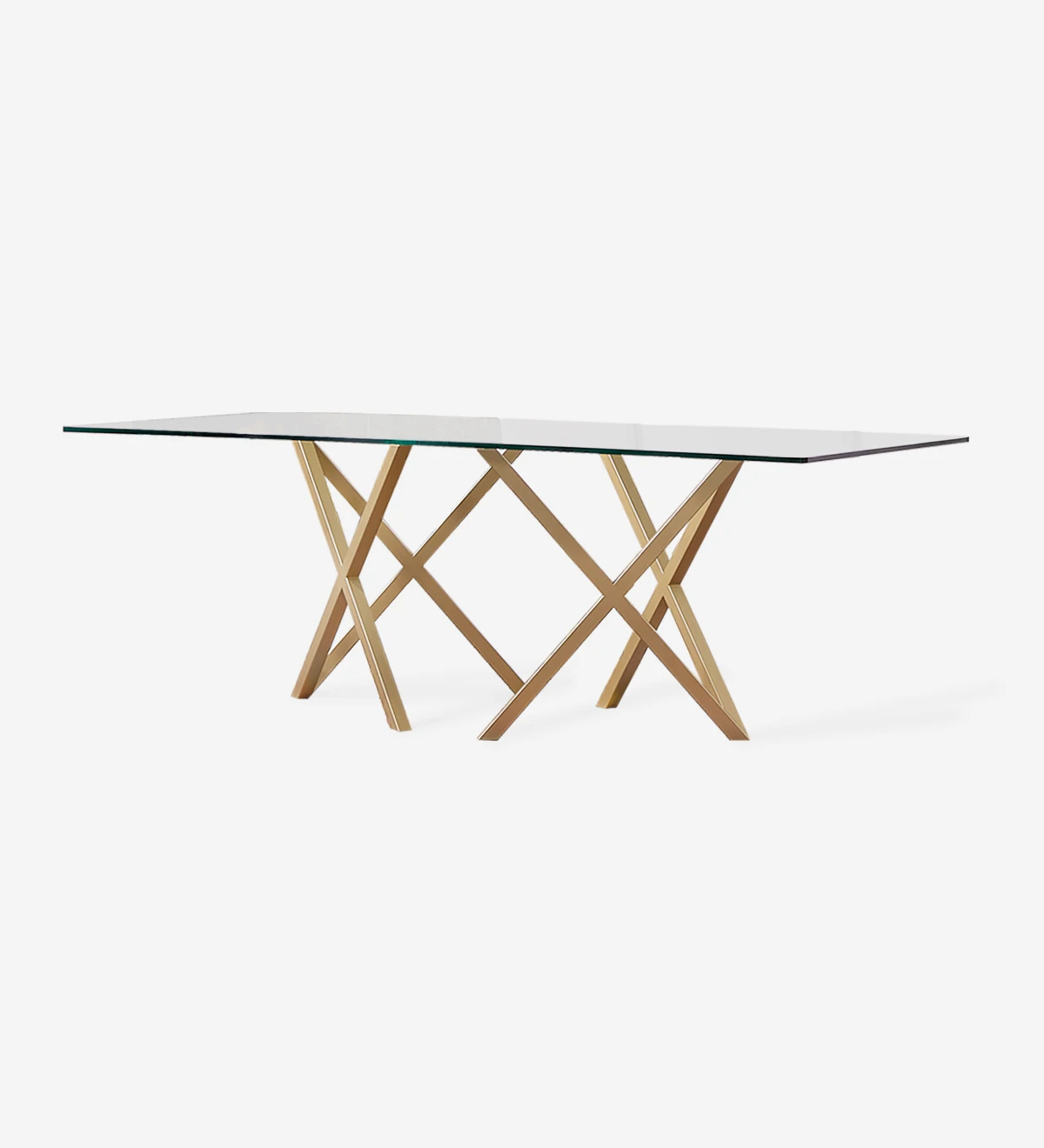 Rectangular dining table with glass top and gold lacquered metal foot.