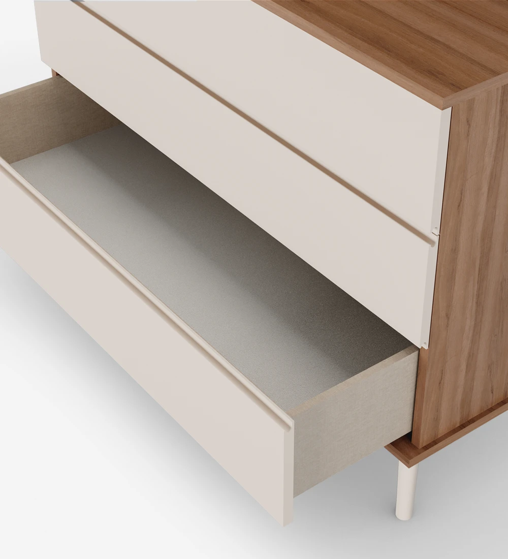 Dresser with 3 drawers with pearl lacquered fronts, pearl lacquered turned legs, walnut structure.