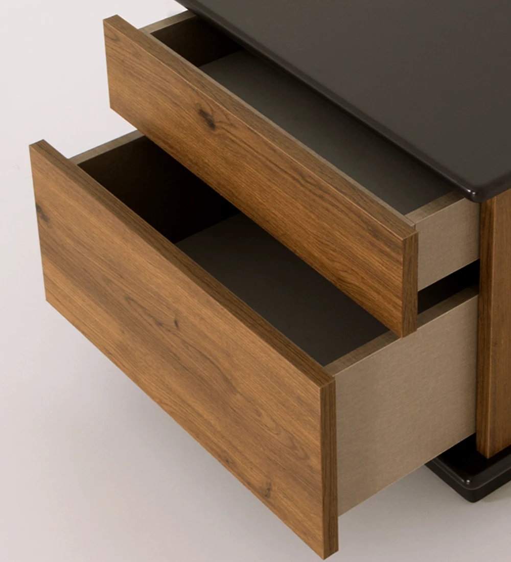 2 drawers, aged oak structure, black lacquered top and footer