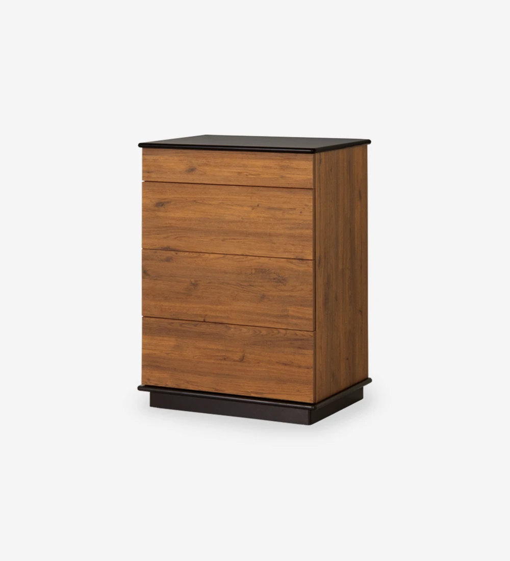 Dresser with 4 drawers and aged oak structure, black lacquered top and baseboard.
