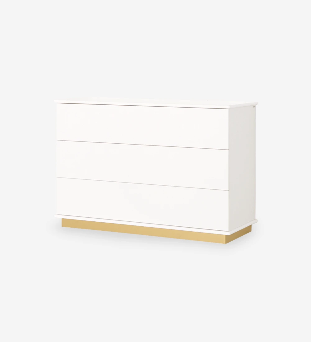 Dresser with 3 drawers, white lacquered top, white oak structure, golden lacquered footer