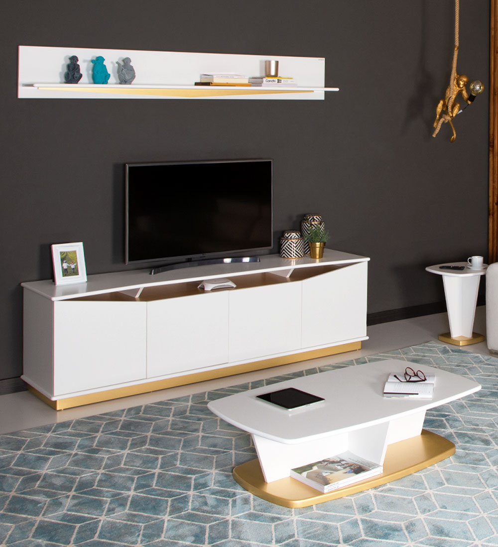 Table basse rectangulaire, avec plateau laqué blanc, structure en chêne blanc et pied laqué doré