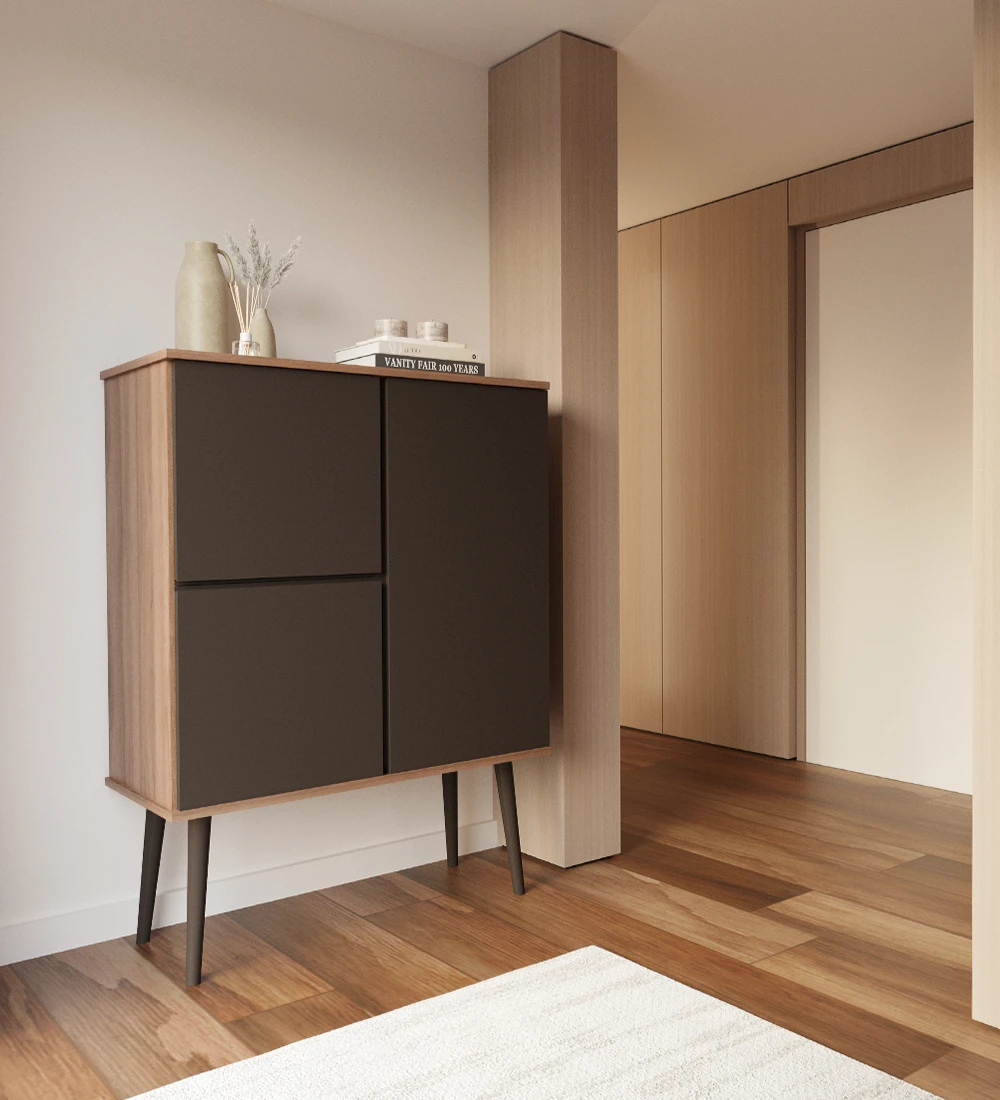 Cupboard with 3 doors and dark brown lacquered legs, walnut structure. 