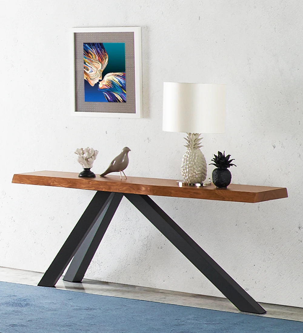 Console with ash wood top, black lacquered metal foot