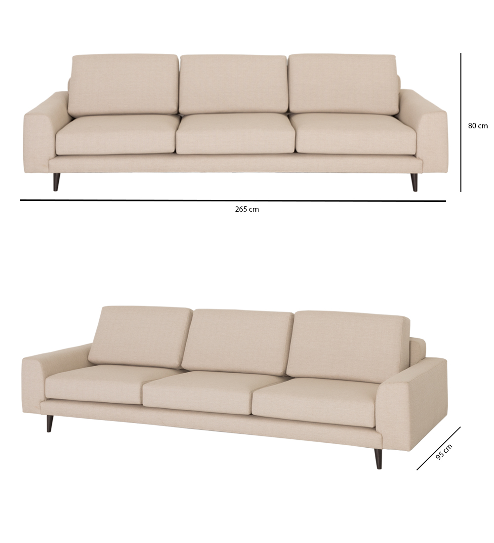 Sofá Oslo 3 lugares, estofado a tecido, pés lacados castanho escuro