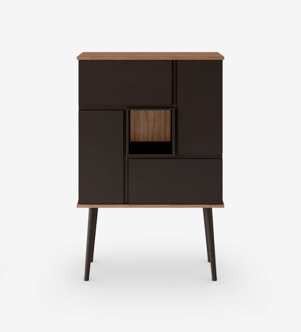 Bar cabinet in walnut, dark brown lacquered doors, module and turned legs.